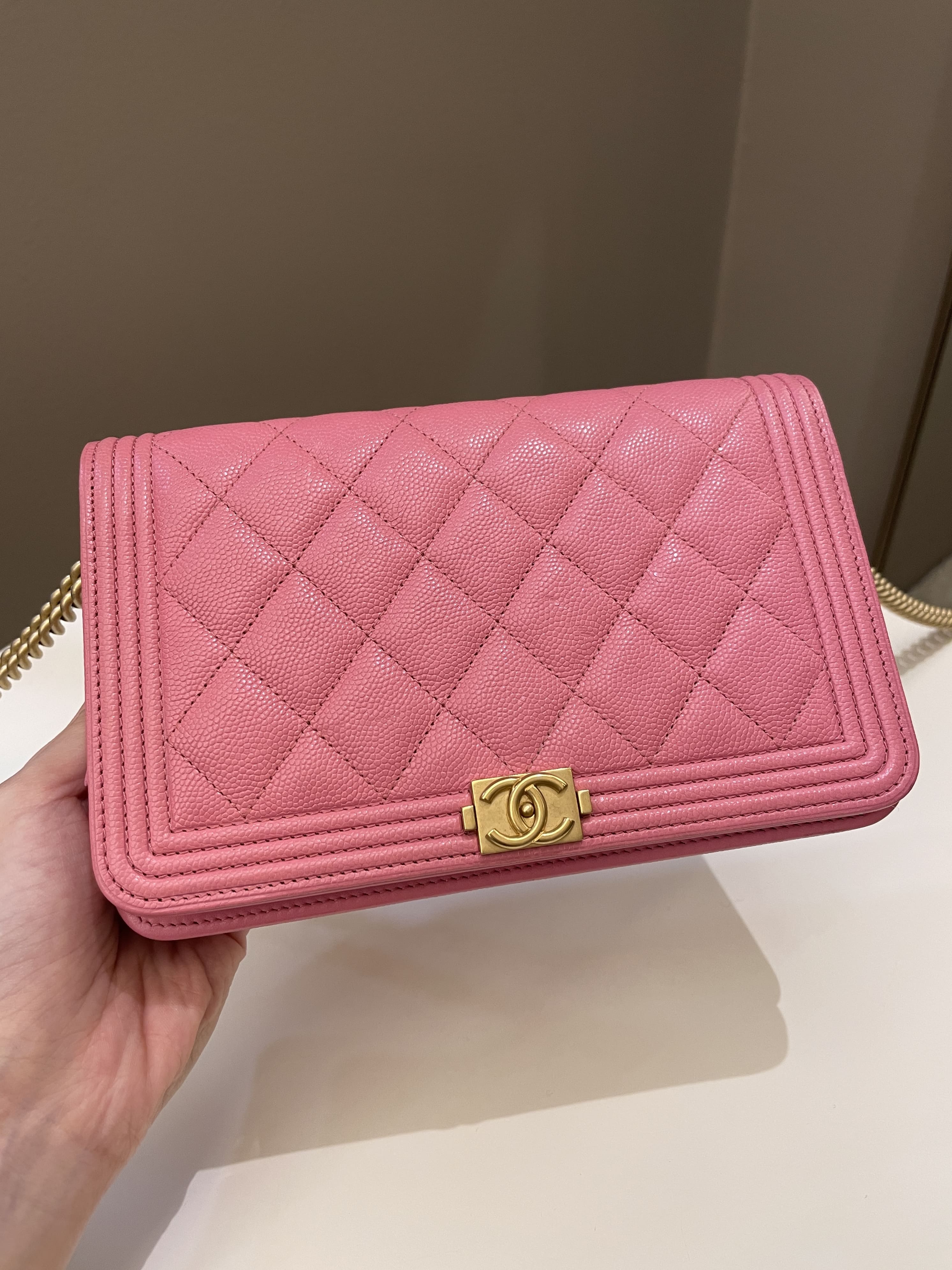 Chanel Quilted Boy Wallet On Chain Pink Caviar