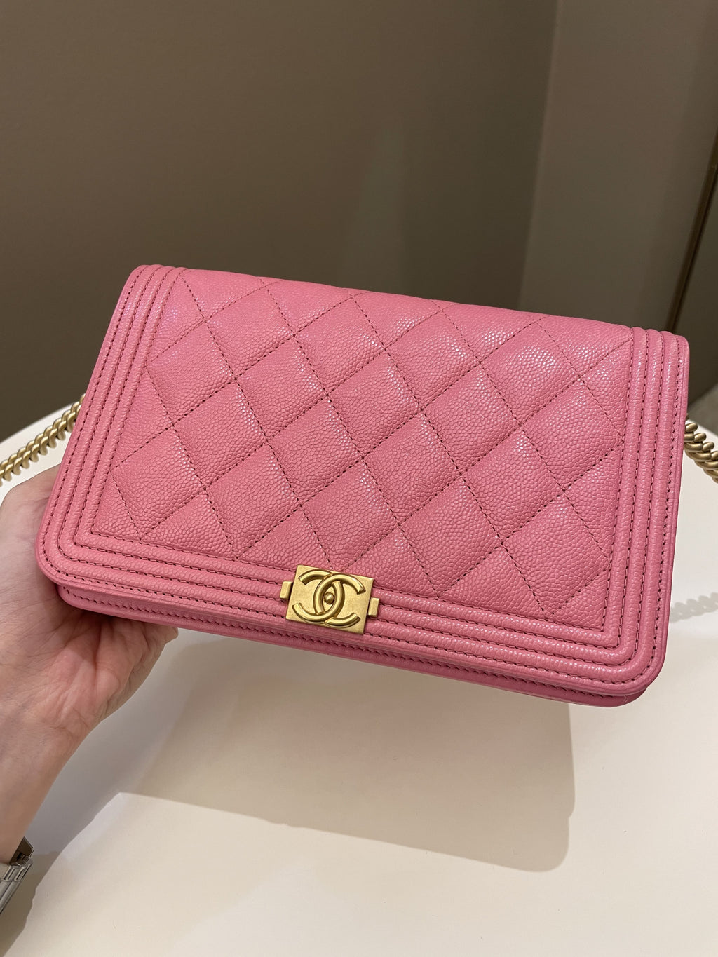 Chanel Quilted Boy Wallet On Chain Pink Caviar