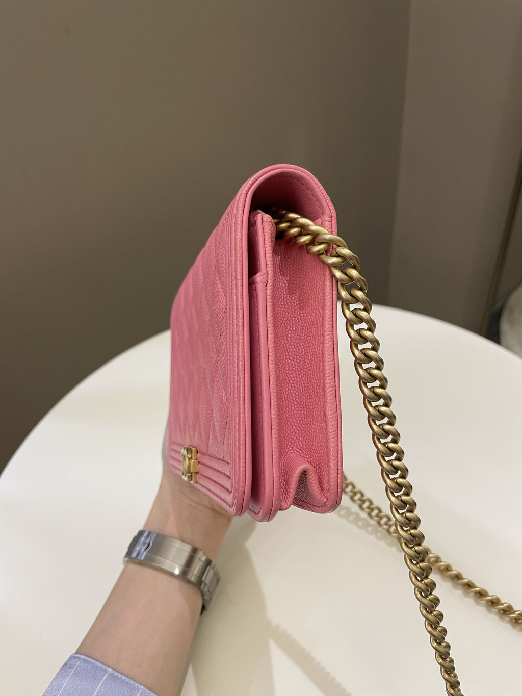 Chanel Quilted Boy Wallet On Chain Pink Caviar