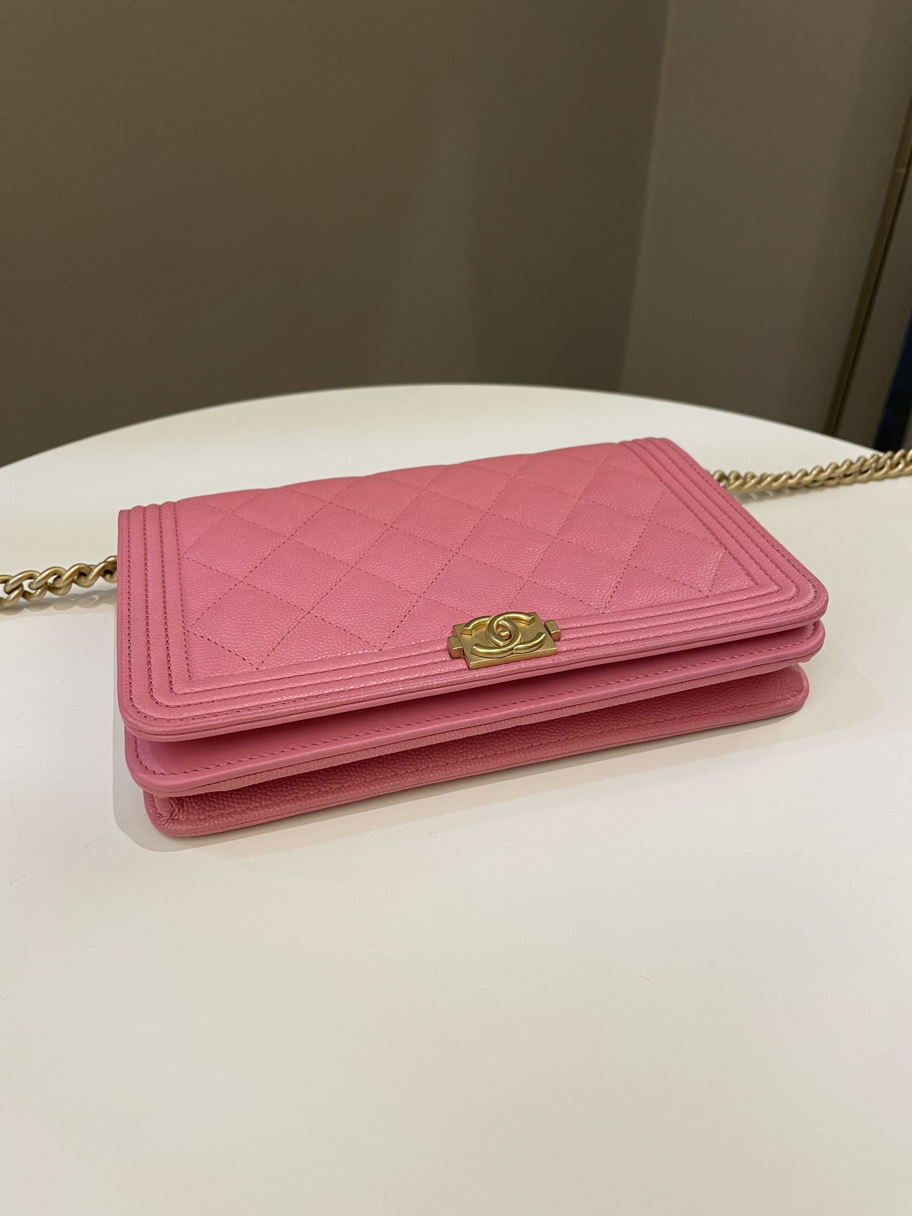 Chanel Quilted Boy Wallet On Chain Pink Caviar