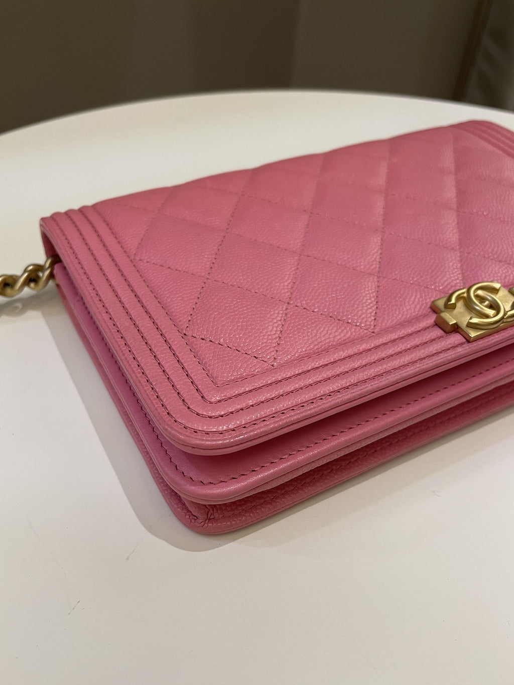 Chanel Quilted Boy Wallet On Chain Pink Caviar