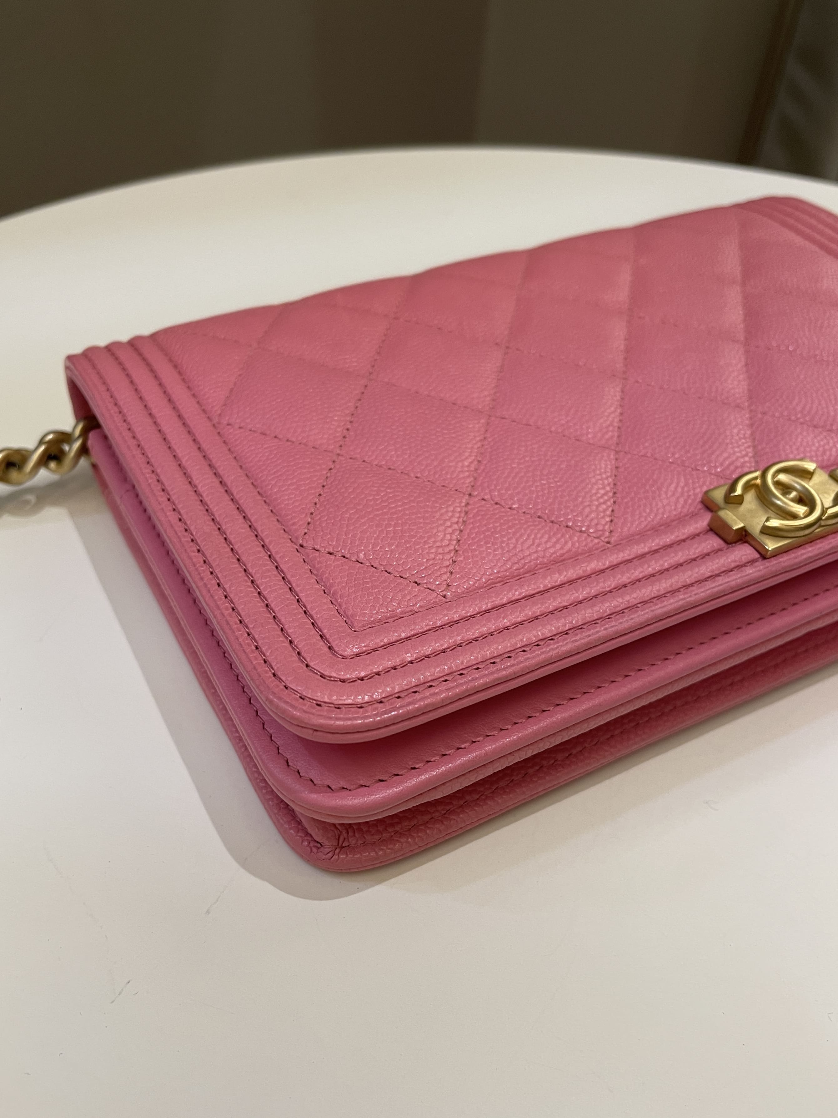 Chanel Quilted Boy Wallet On Chain Pink Caviar