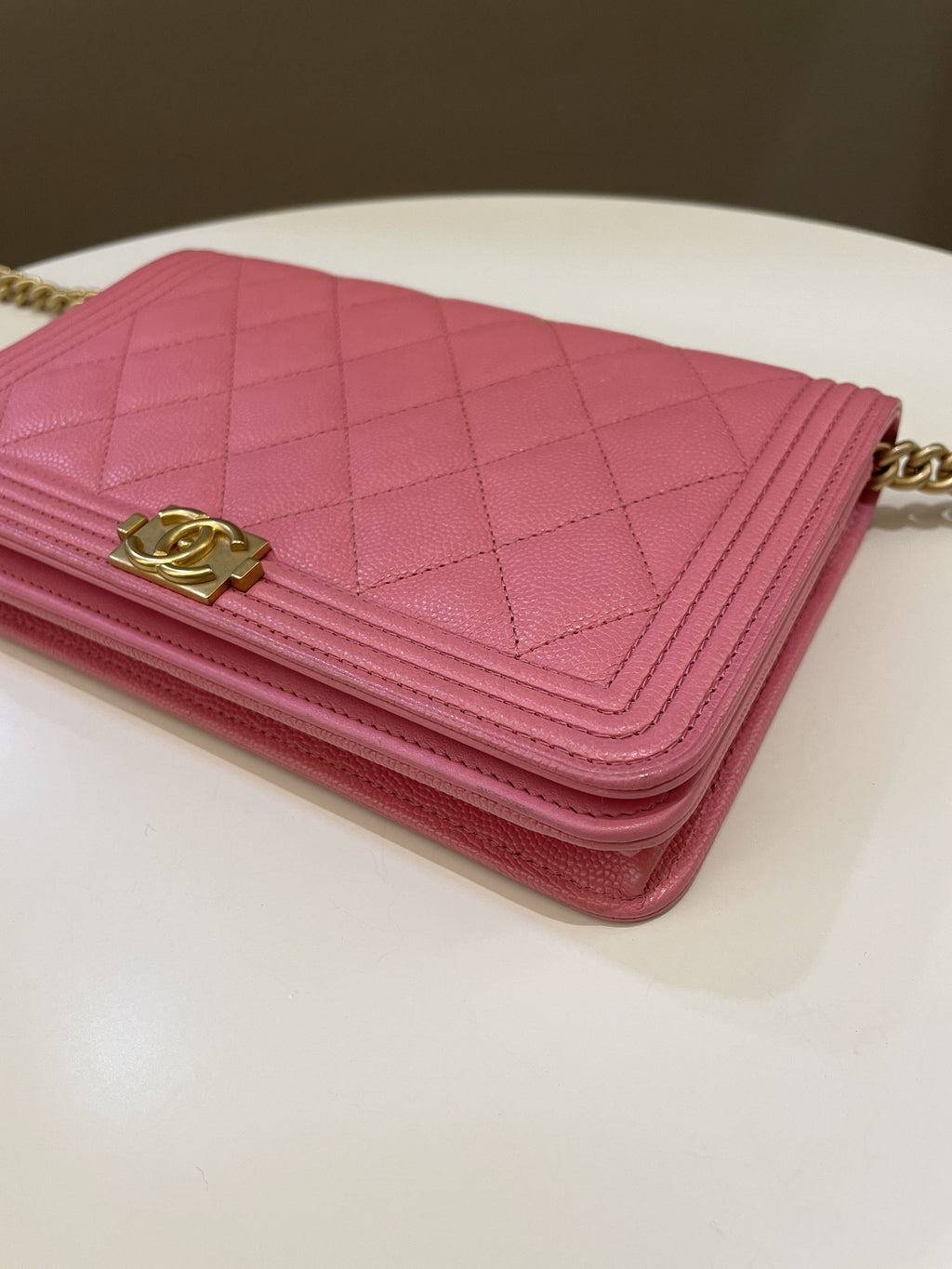 Chanel Quilted Boy Wallet On Chain Pink Caviar