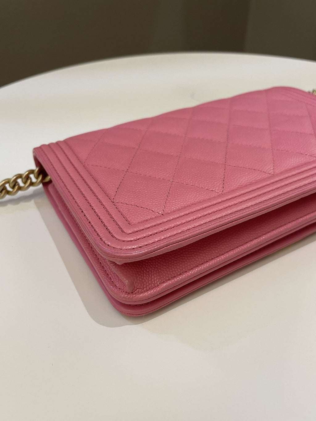 Chanel Quilted Boy Wallet On Chain Pink Caviar
