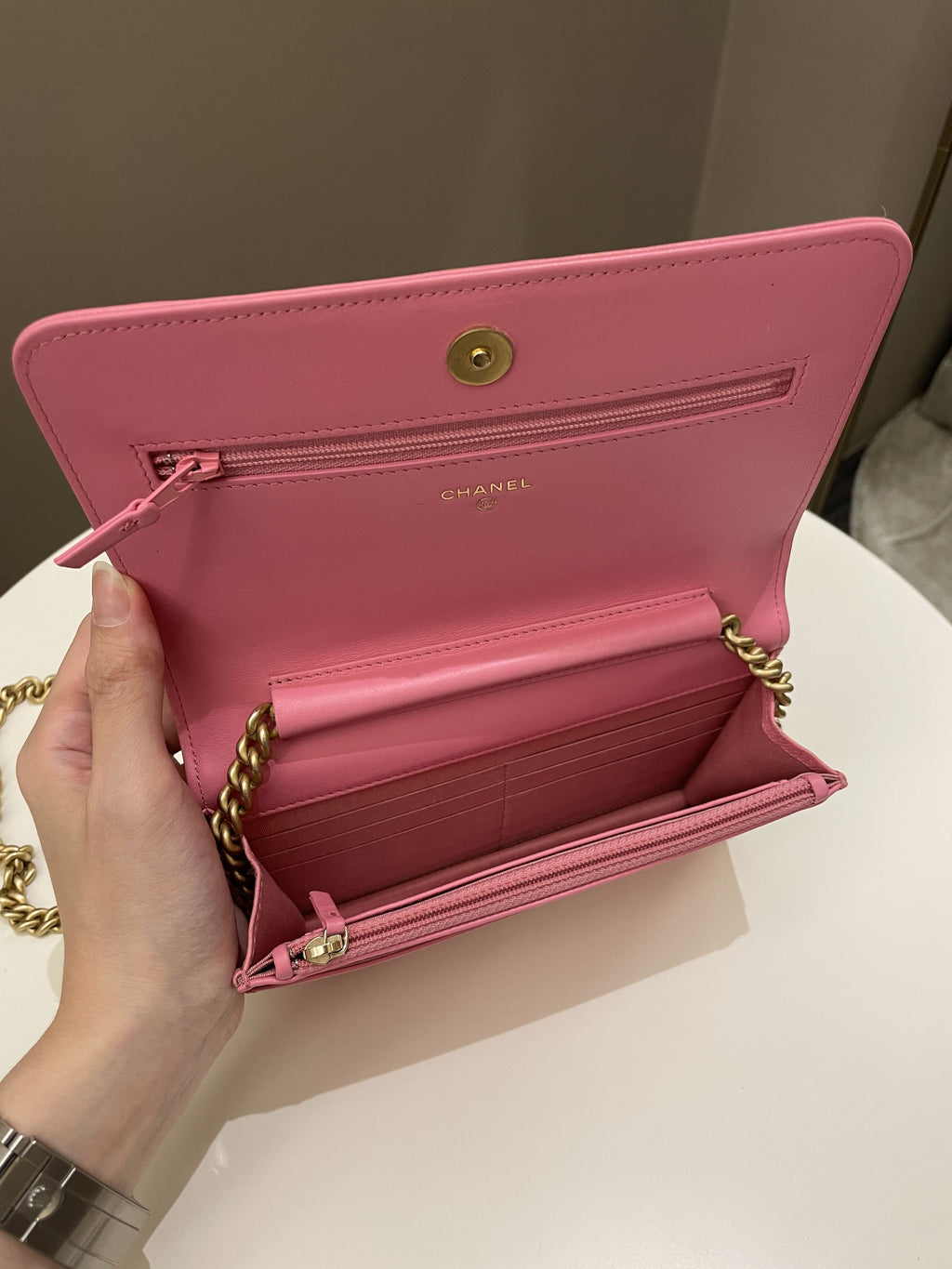 Chanel Quilted Boy Wallet On Chain Pink Caviar