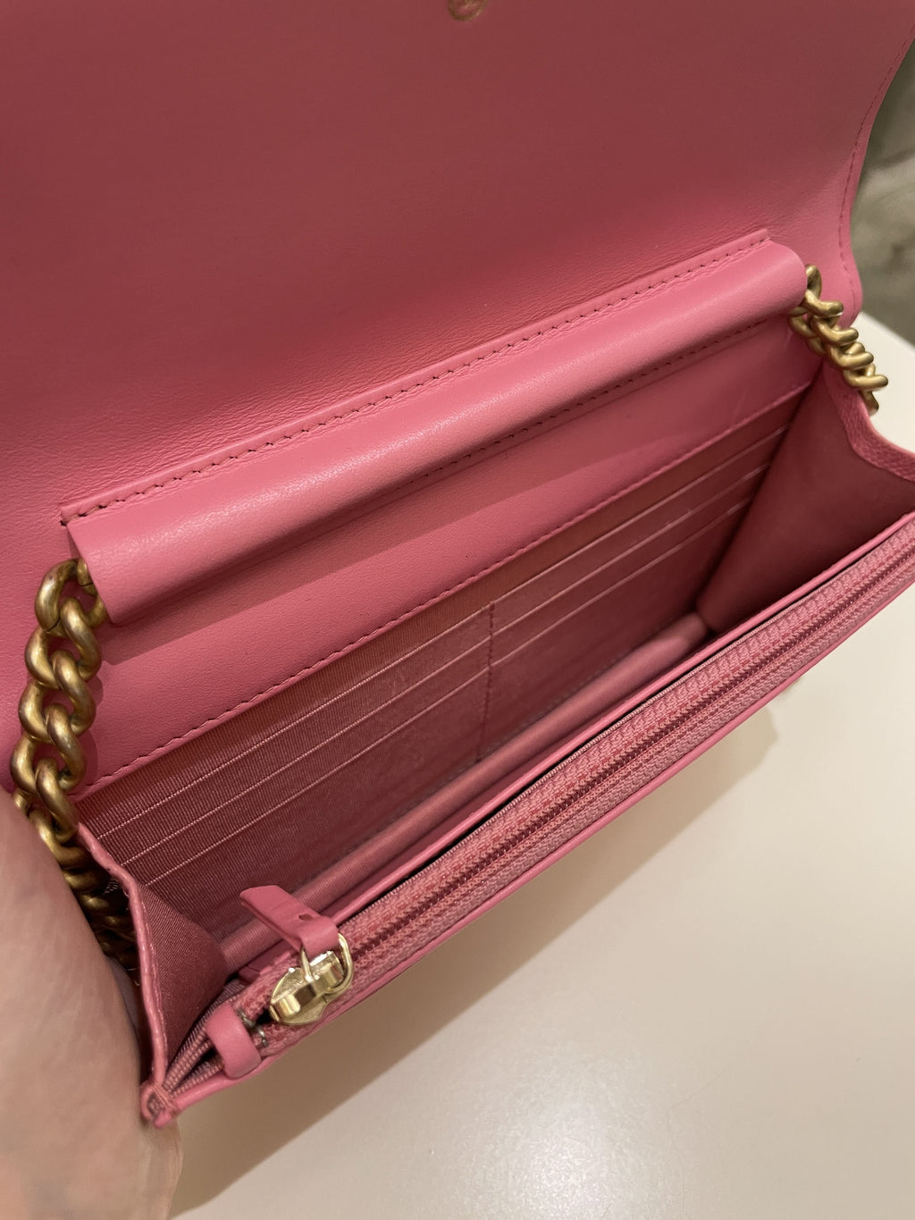 Chanel Quilted Boy Wallet On Chain Pink Caviar