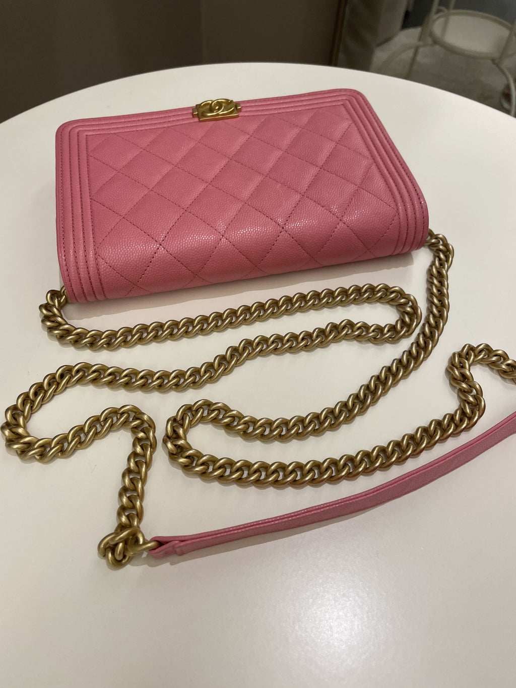 Chanel Quilted Boy Wallet On Chain Pink Caviar