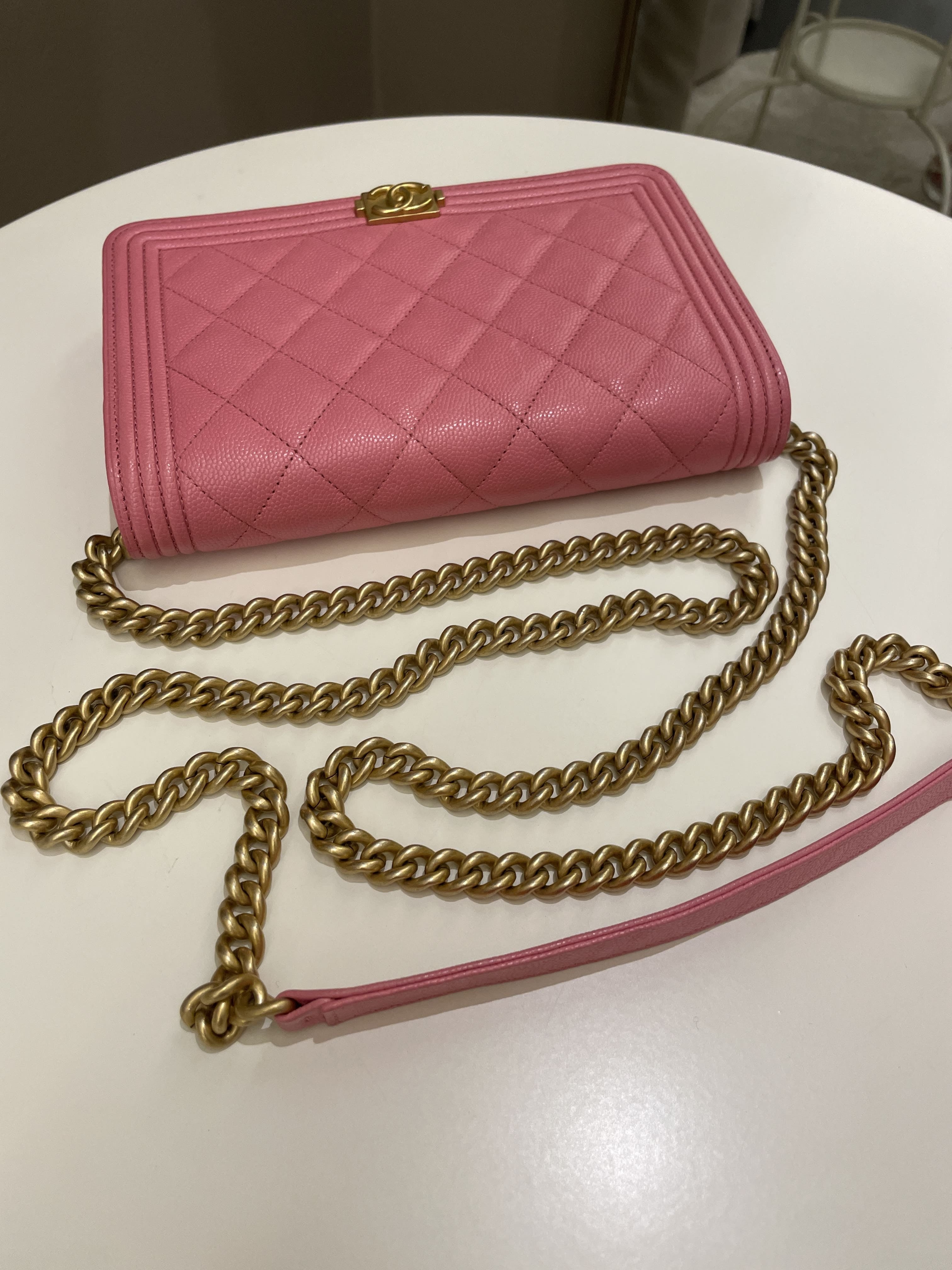 Chanel Quilted Boy Wallet On Chain Pink Caviar