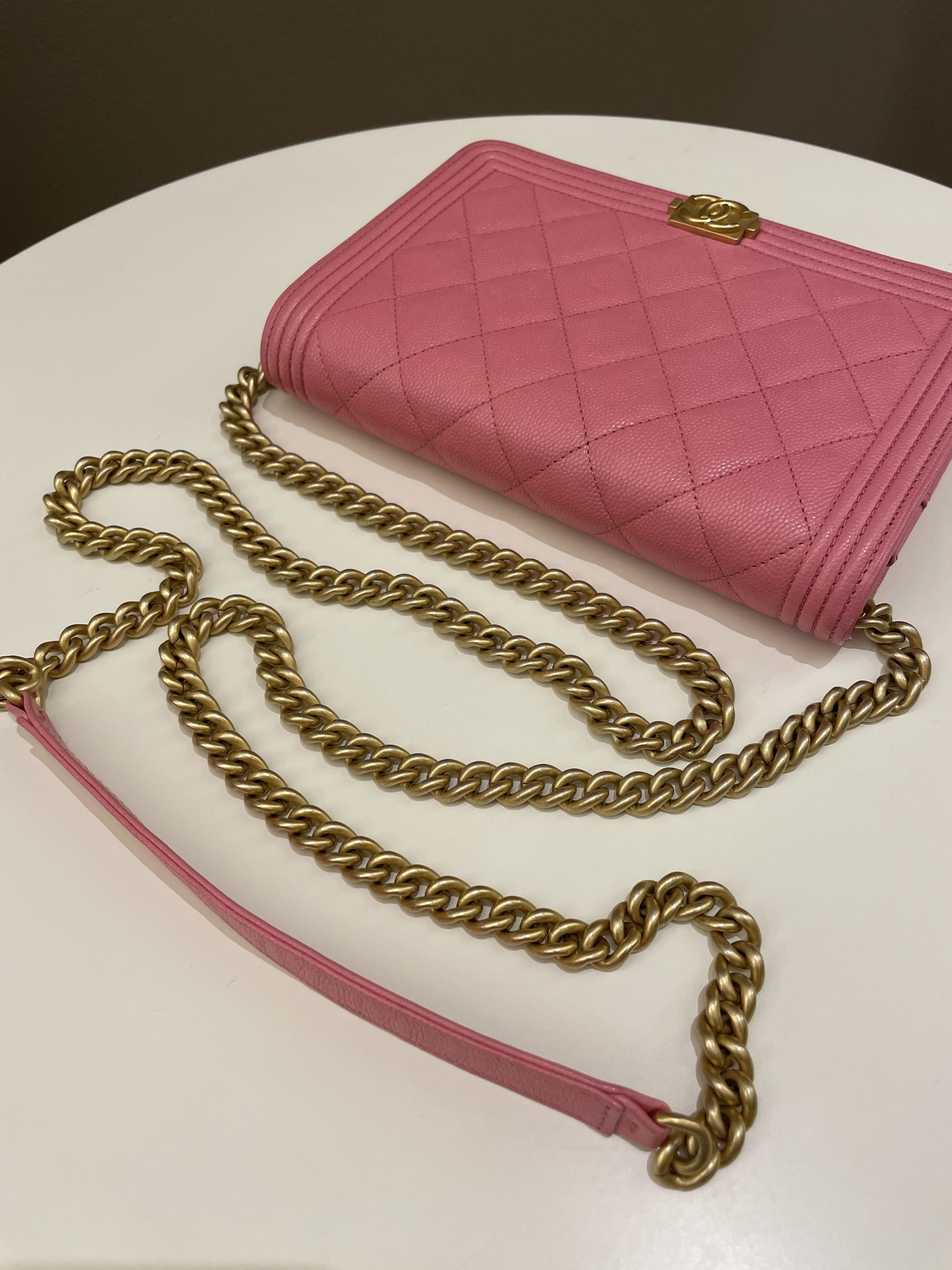 Chanel Quilted Boy Wallet On Chain Pink Caviar