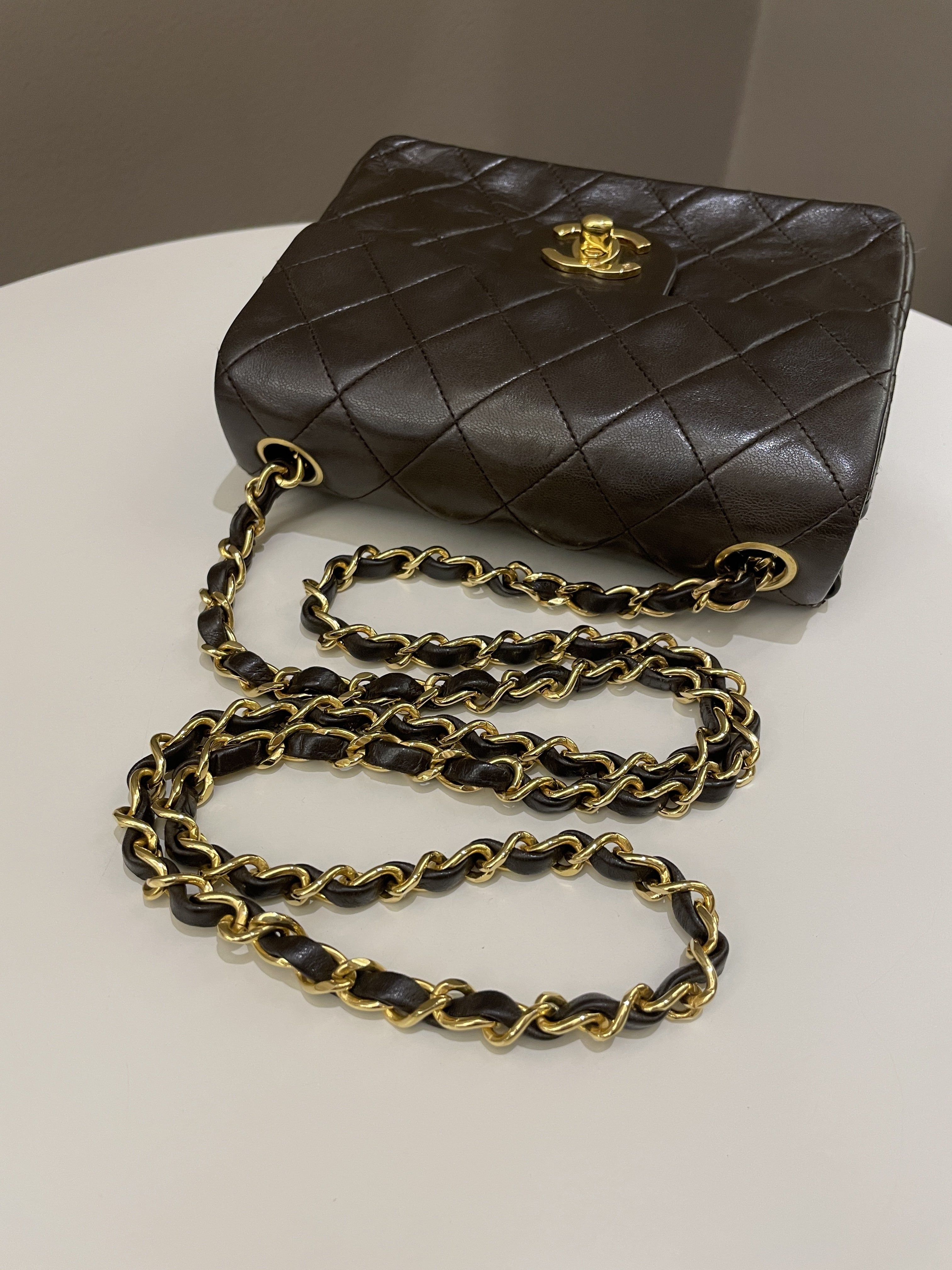 Chanel Vintage Classic Quilted Mini Square Brown Lambskin