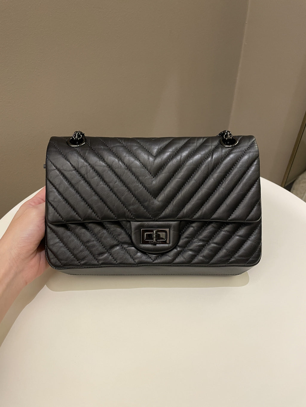 Chanel 2.55 225 So Black Chevron Reissue Double Flap Black Calfskin