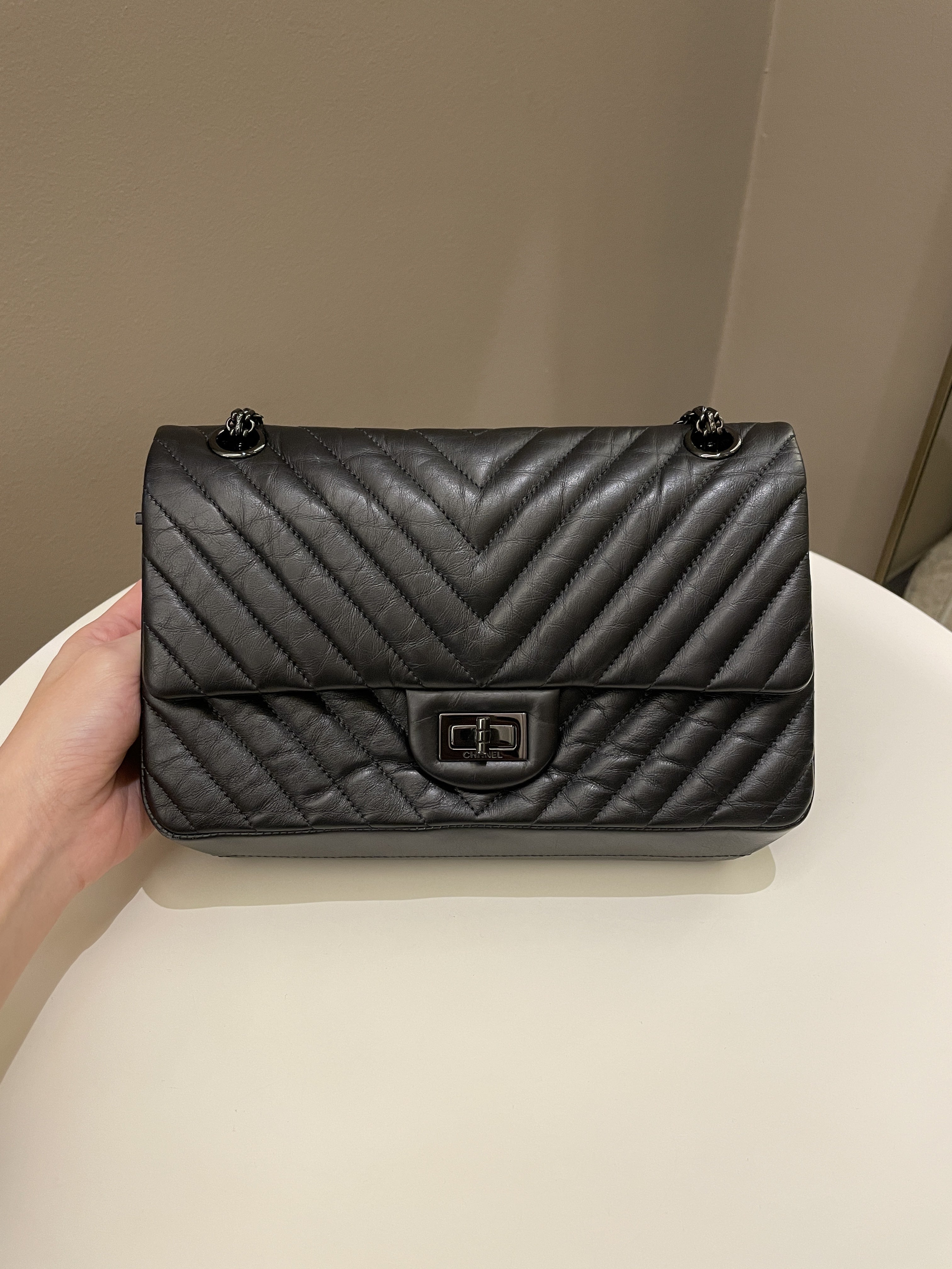 Chanel 2.55 225 So Black Chevron Reissue Double Flap Black Calfskin