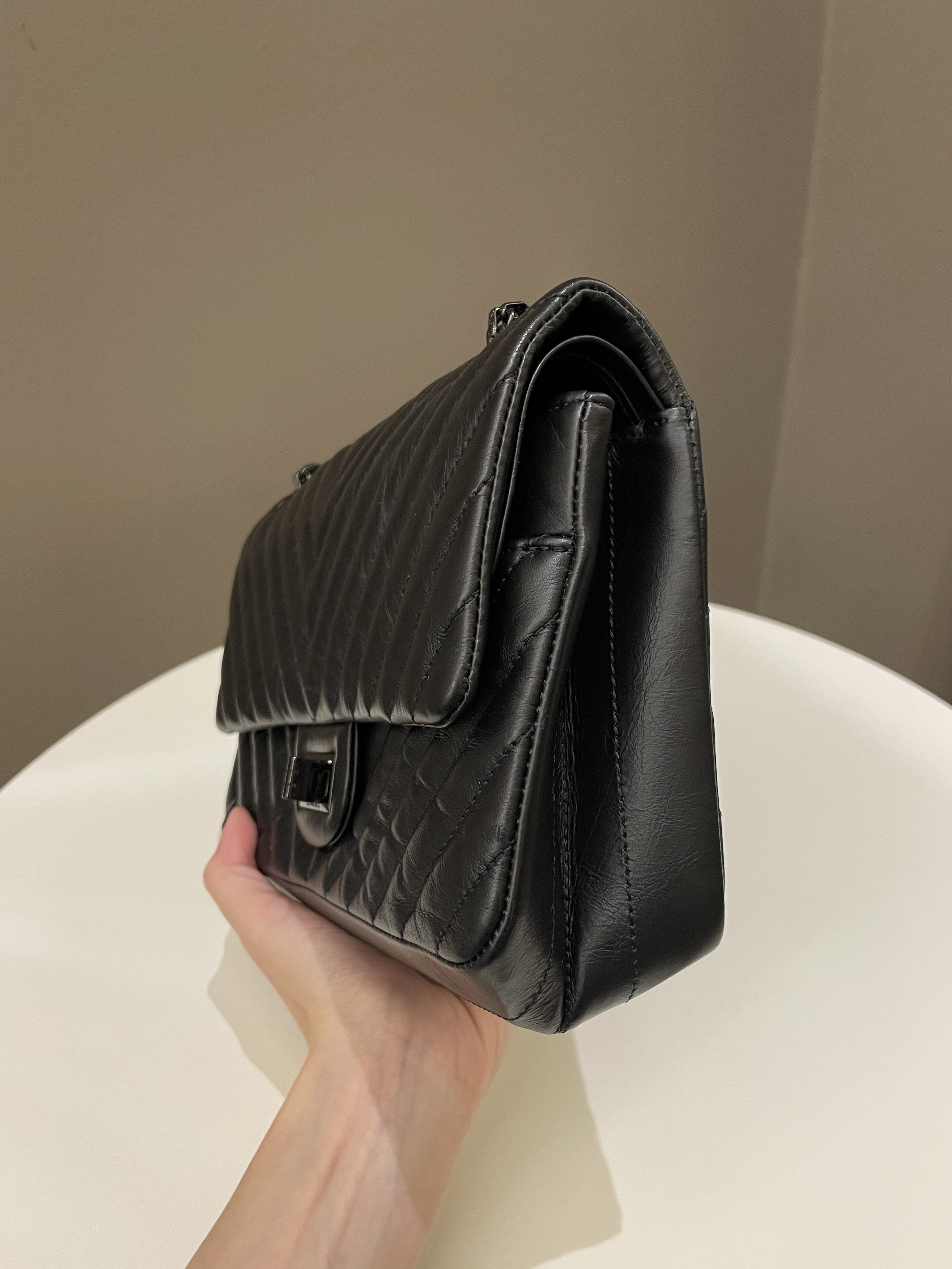 Chanel 2.55 225 So Black Chevron Reissue Double Flap Black Calfskin