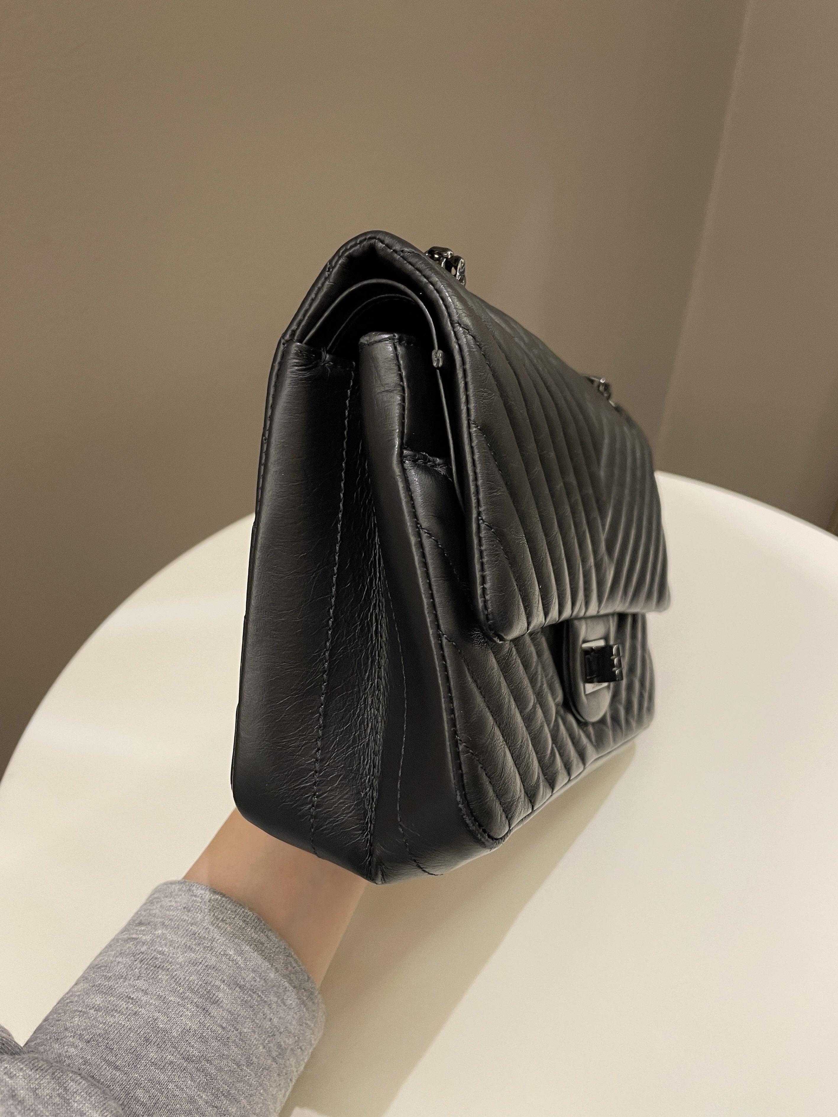 Chanel 2.55 225 So Black Chevron Reissue Double Flap Black Calfskin