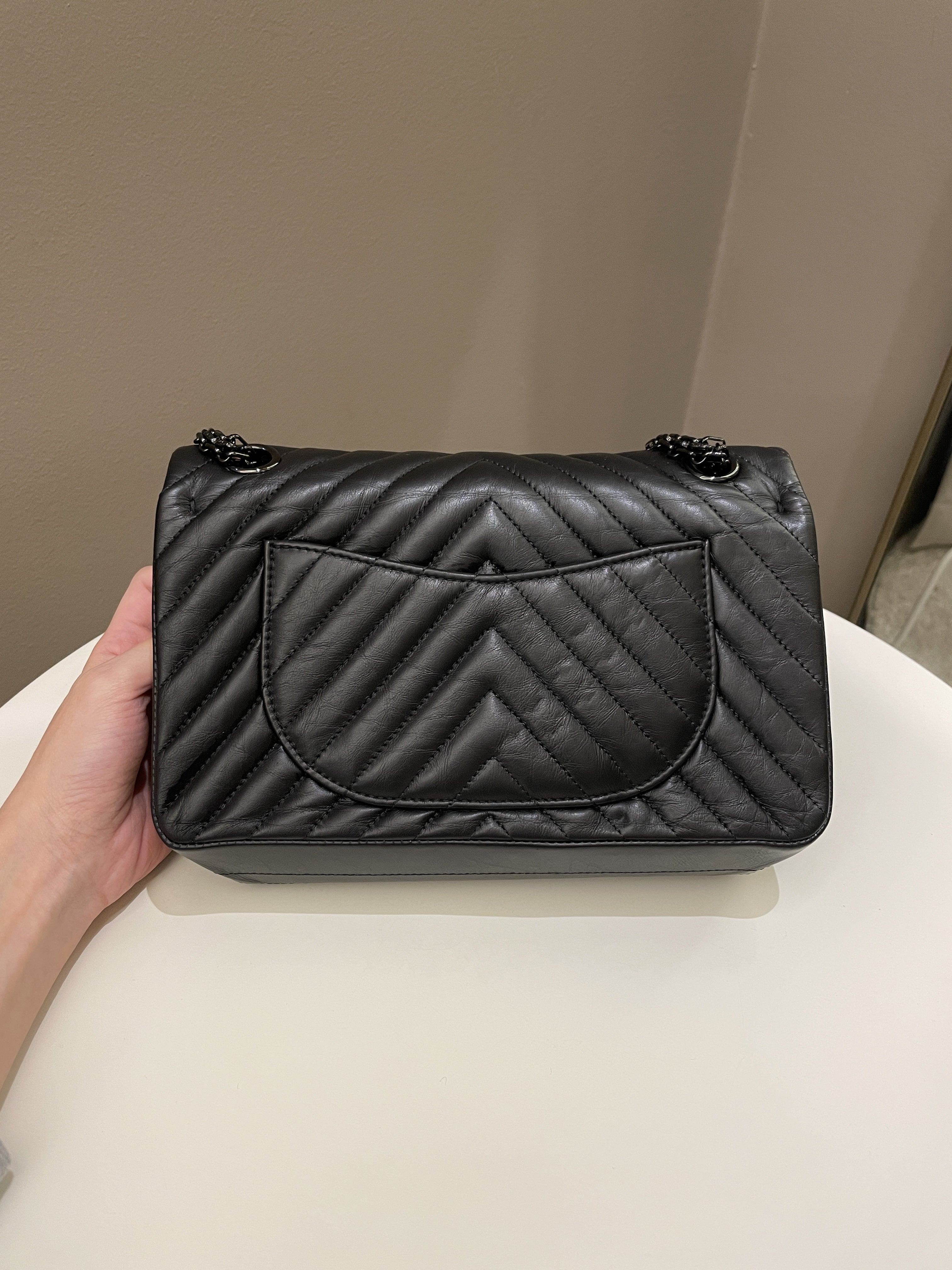 Chanel 2.55 225 So Black Chevron Reissue Double Flap Black Calfskin