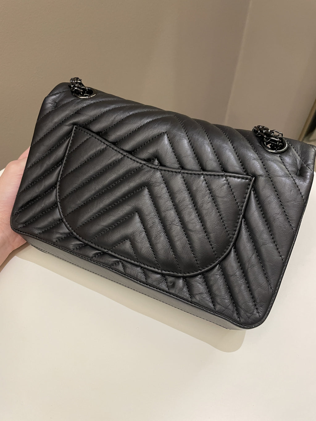 Chanel 2.55 225 So Black Chevron Reissue Double Flap Black Calfskin