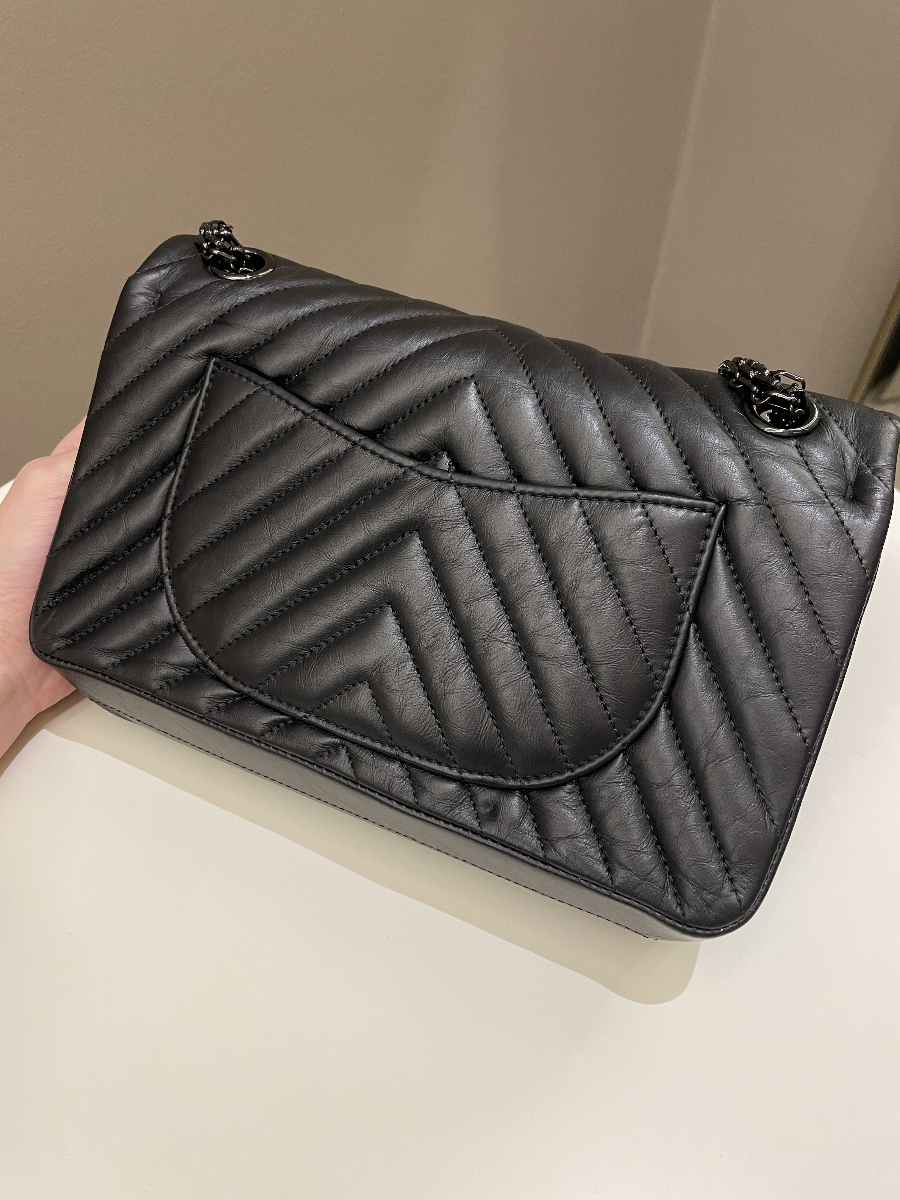 Chanel 2.55 225 So Black Chevron Reissue Double Flap Black Calfskin
