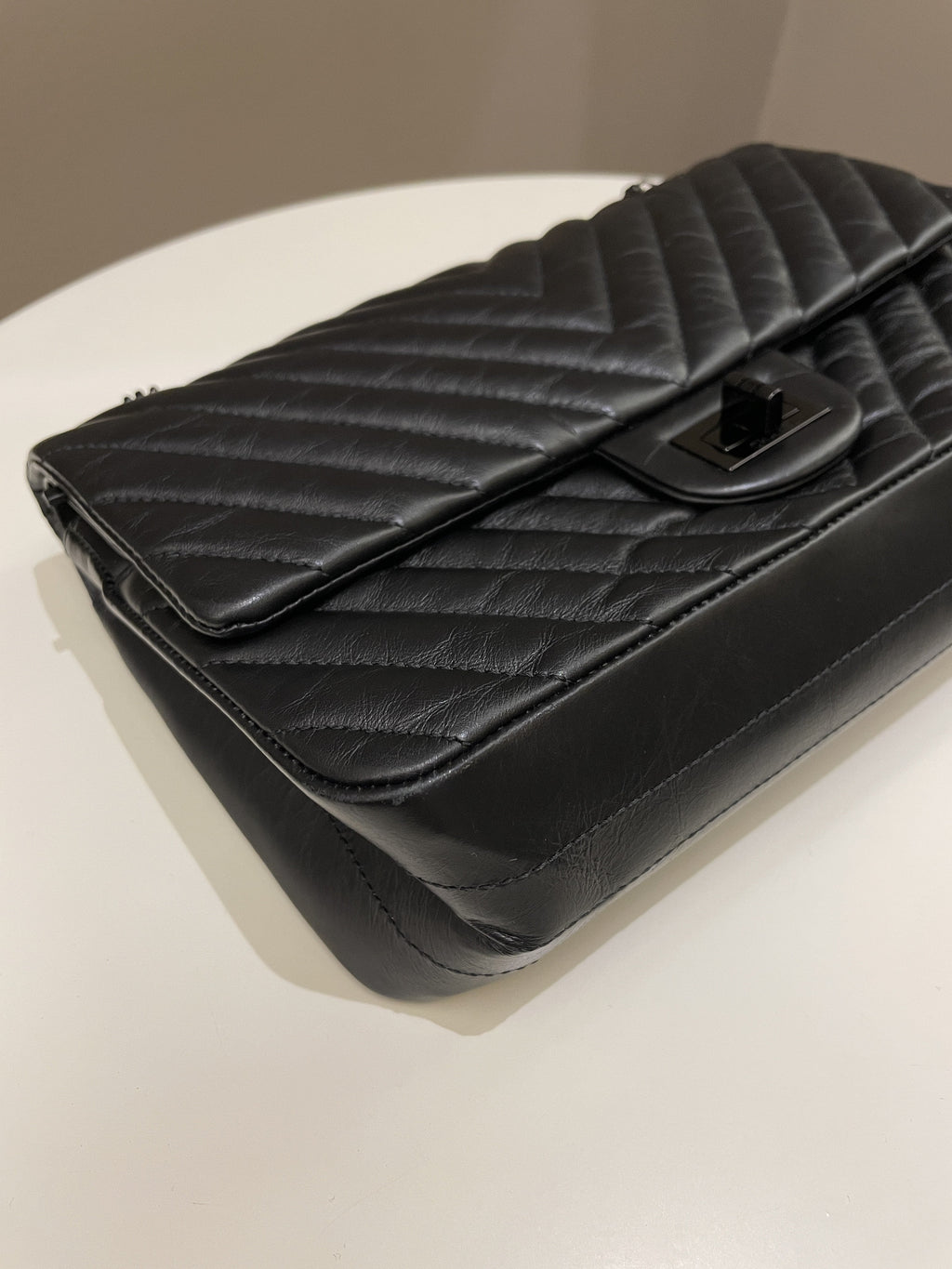 Chanel 2.55 225 So Black Chevron Reissue Double Flap Black Calfskin