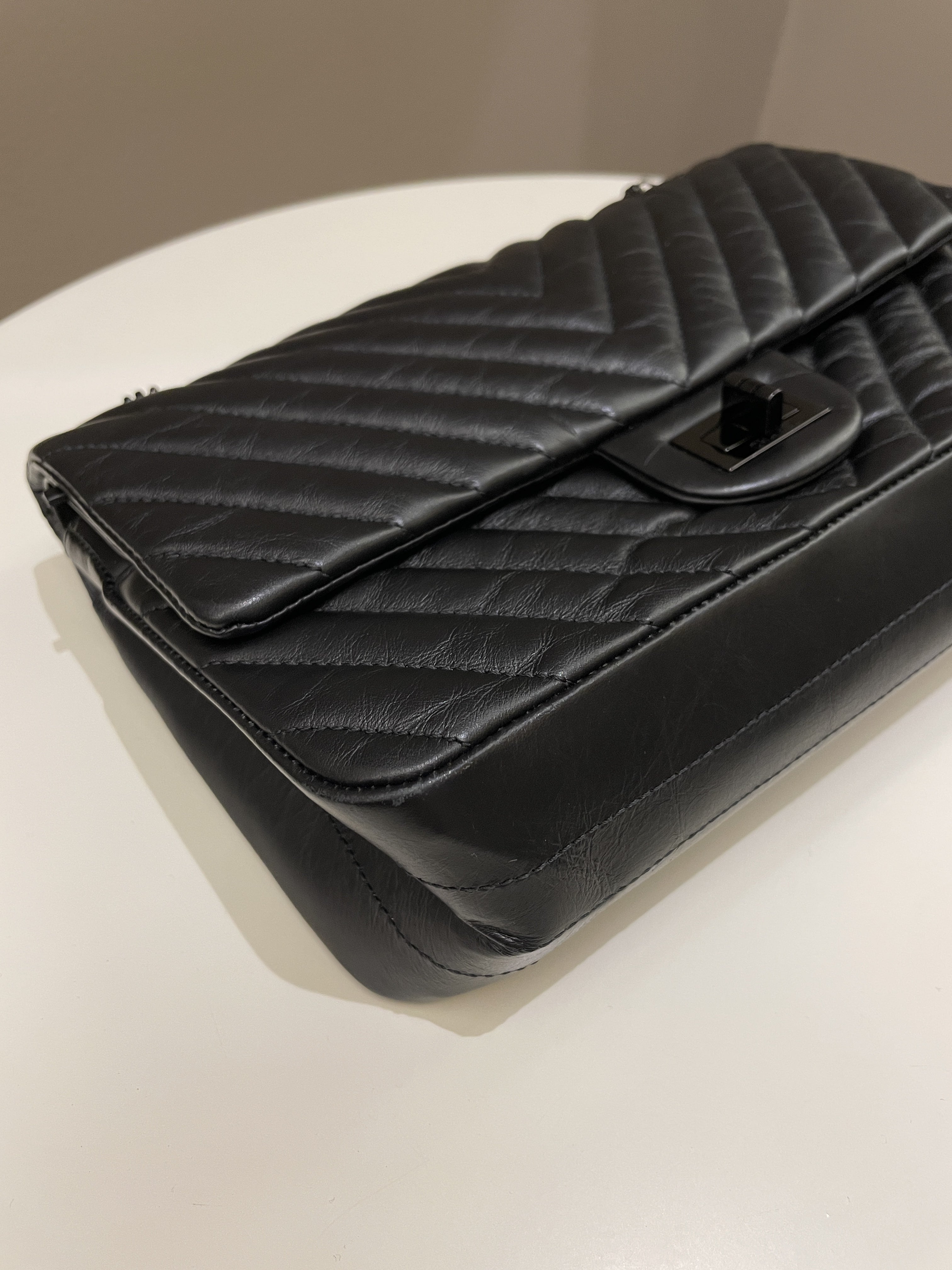 Chanel 2.55 225 So Black Chevron Reissue Double Flap Black Calfskin