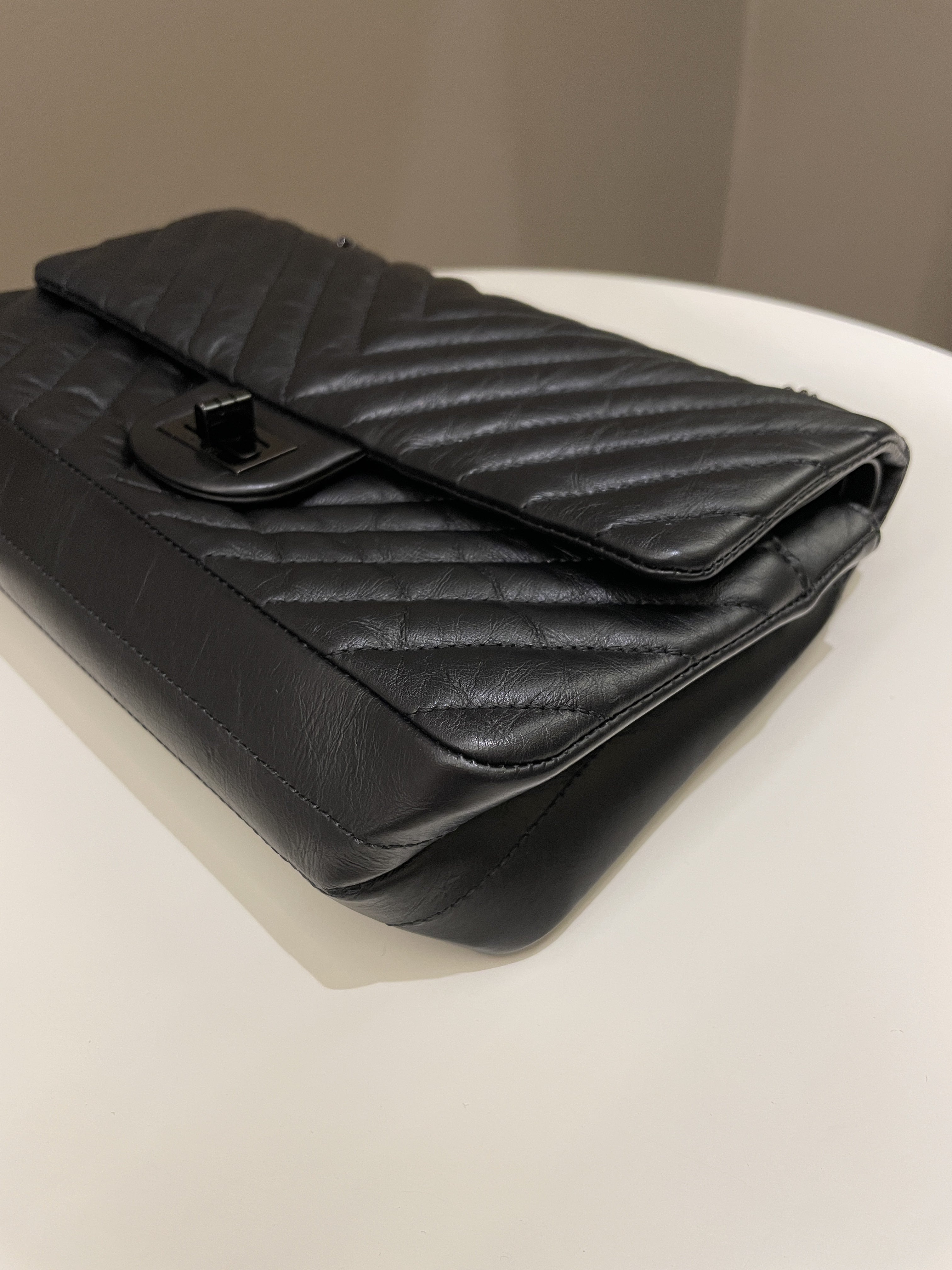 Chanel 2.55 225 So Black Chevron Reissue Double Flap Black Calfskin