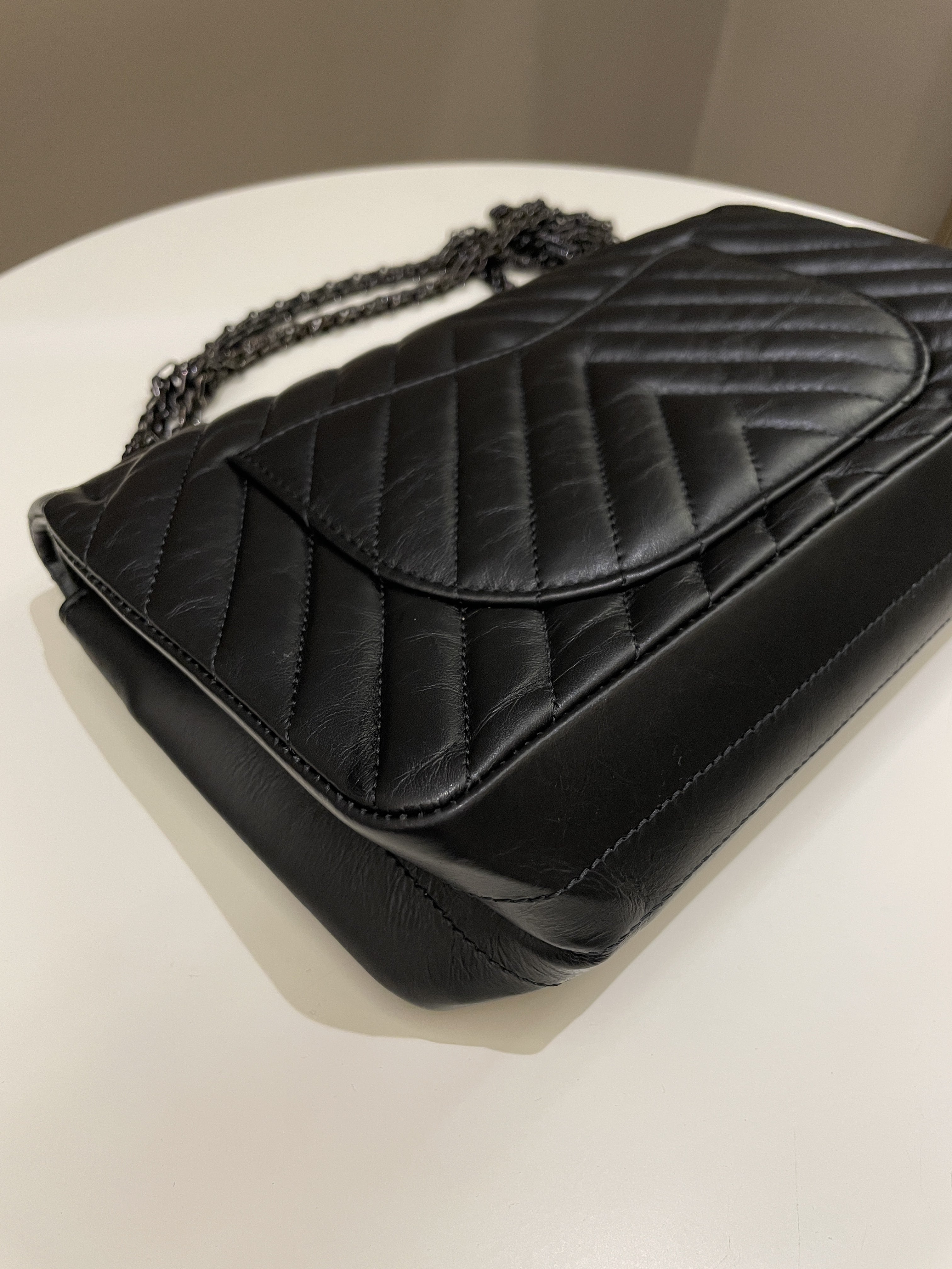Chanel 2.55 225 So Black Chevron Reissue Double Flap Black Calfskin