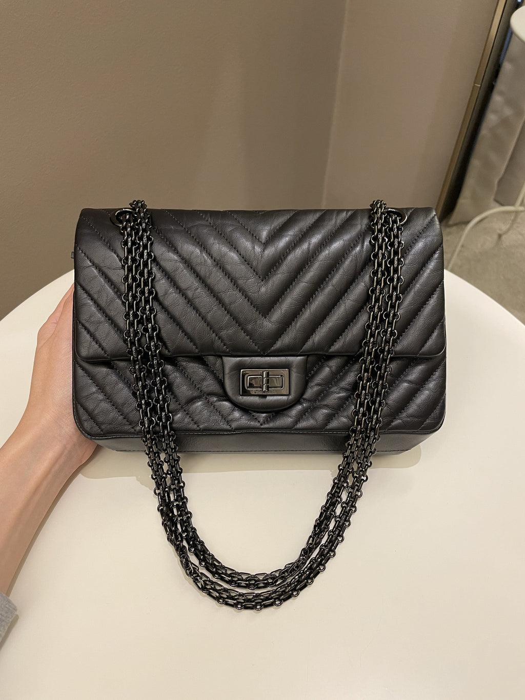 Chanel 2.55 225 So Black Chevron Reissue Double Flap Black Calfskin