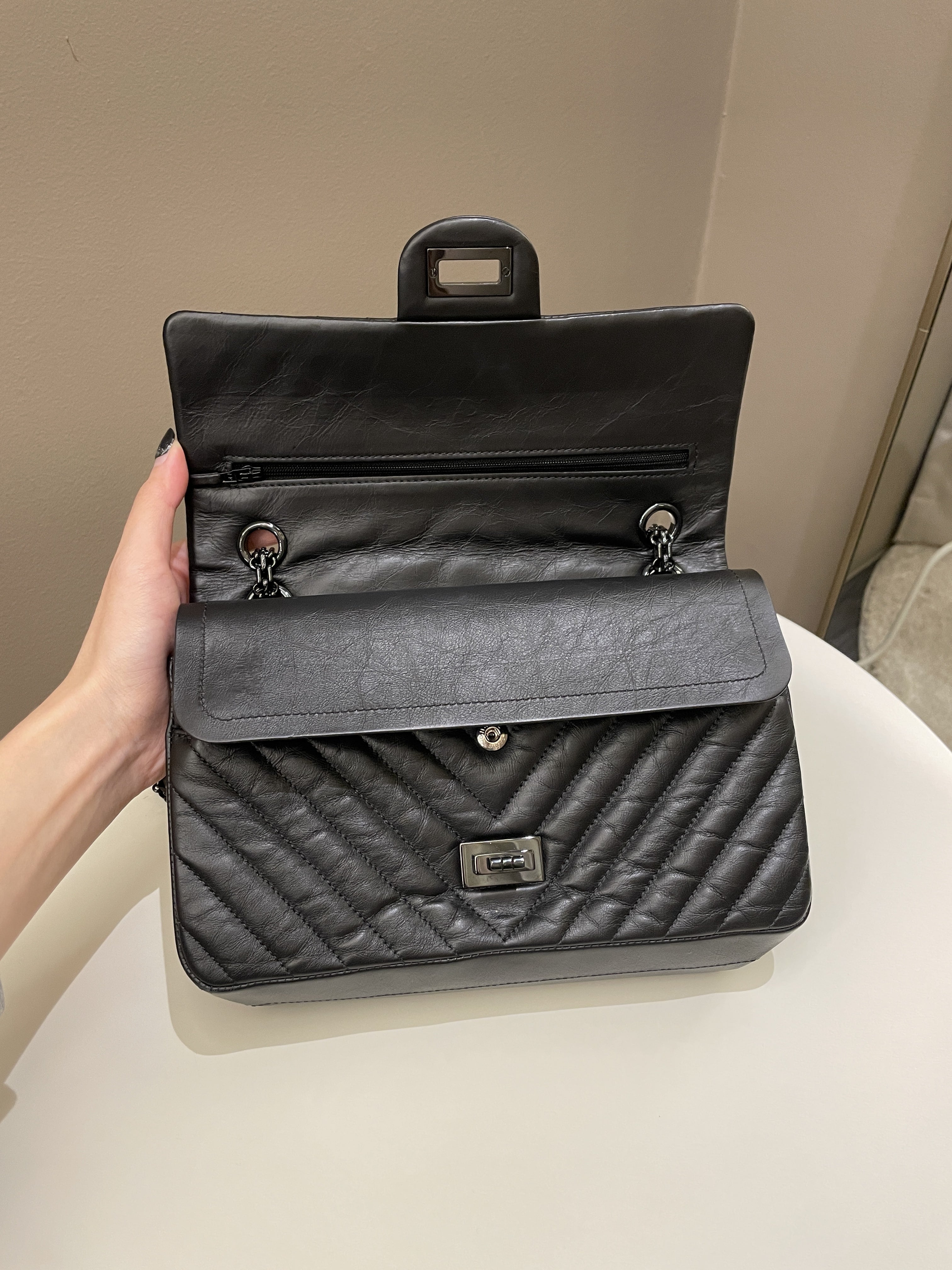 Chanel 2.55 225 So Black Chevron Reissue Double Flap Black Calfskin