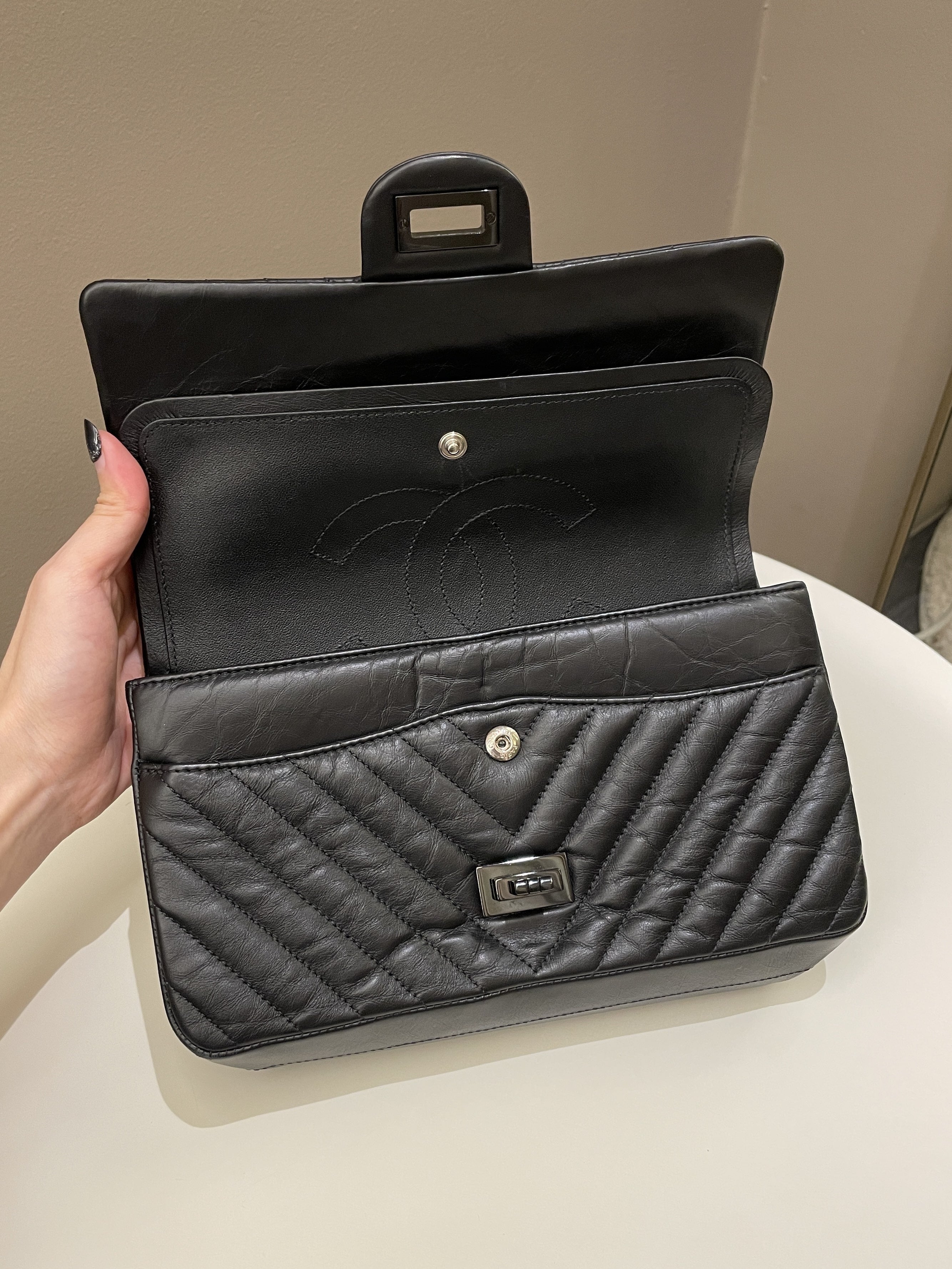 Chanel 2.55 225 So Black Chevron Reissue Double Flap Black Calfskin
