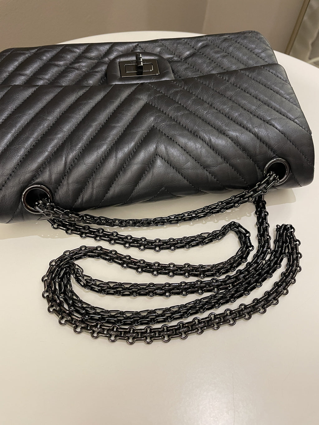 Chanel 2.55 225 So Black Chevron Reissue Double Flap Black Calfskin