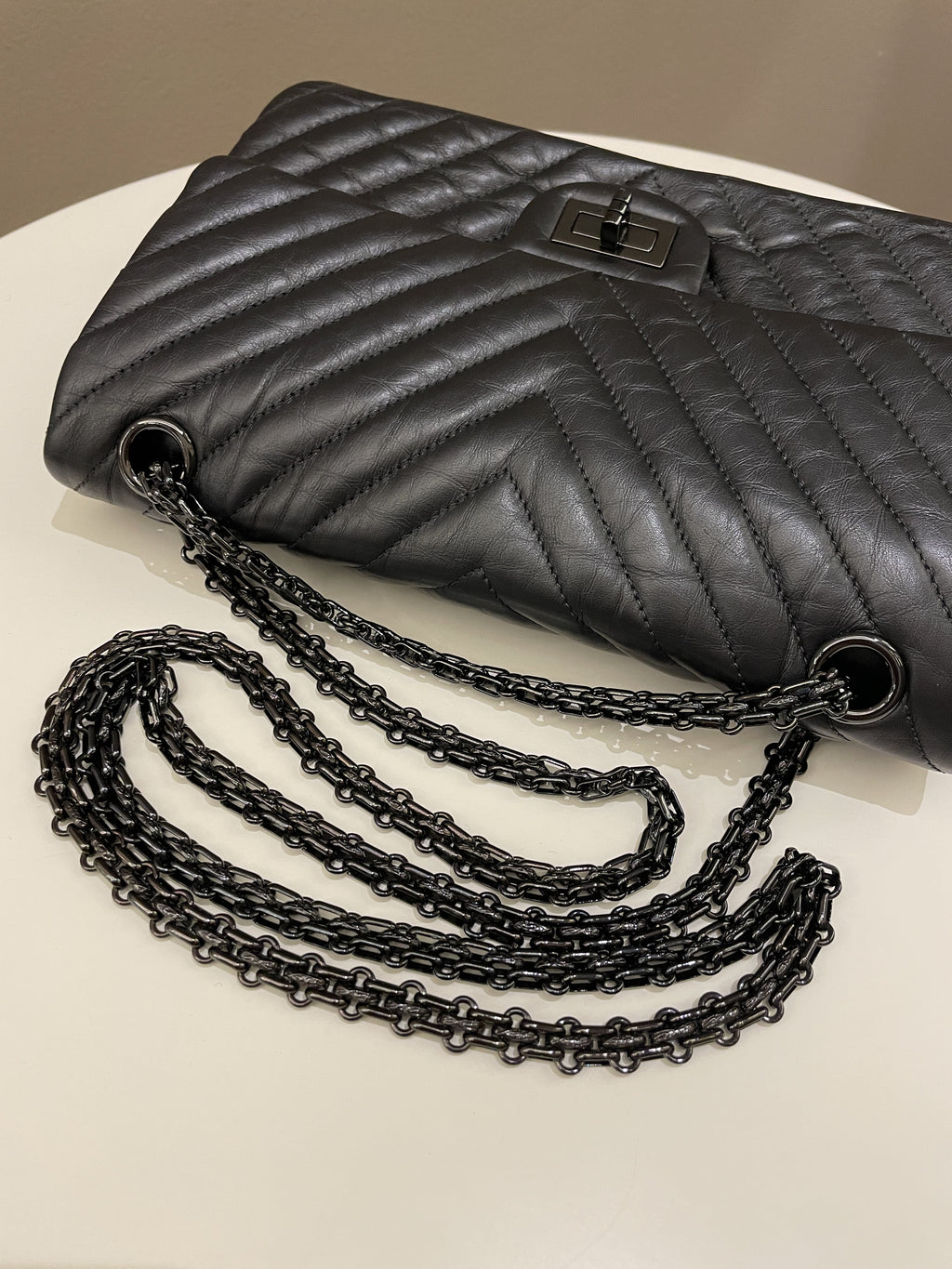 Chanel 2.55 225 So Black Chevron Reissue Double Flap Black Calfskin