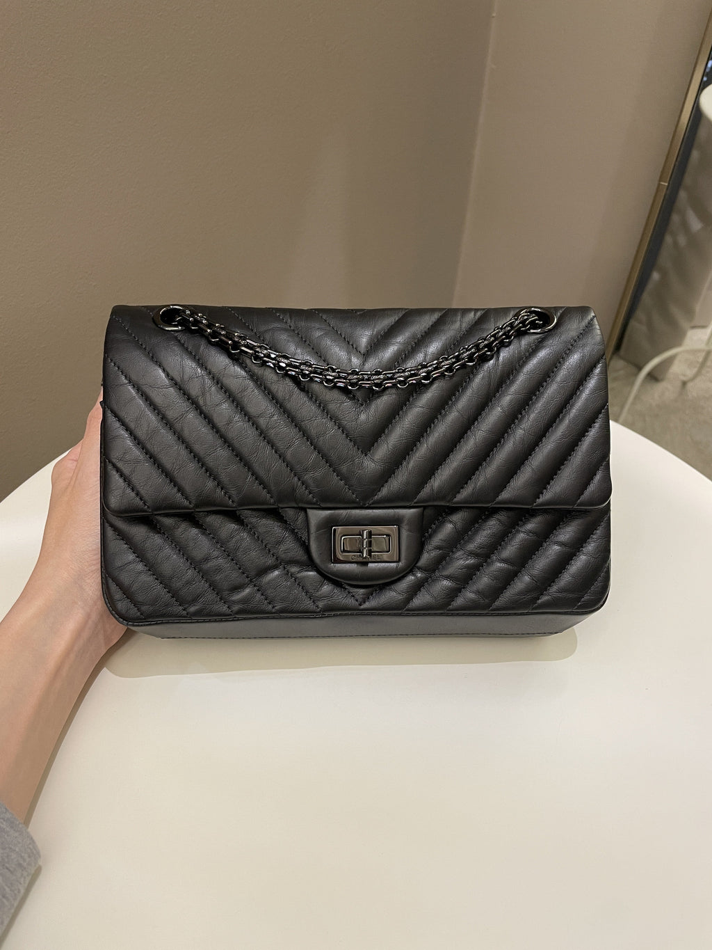 Chanel 2.55 225 So Black Chevron Reissue Double Flap Black Calfskin