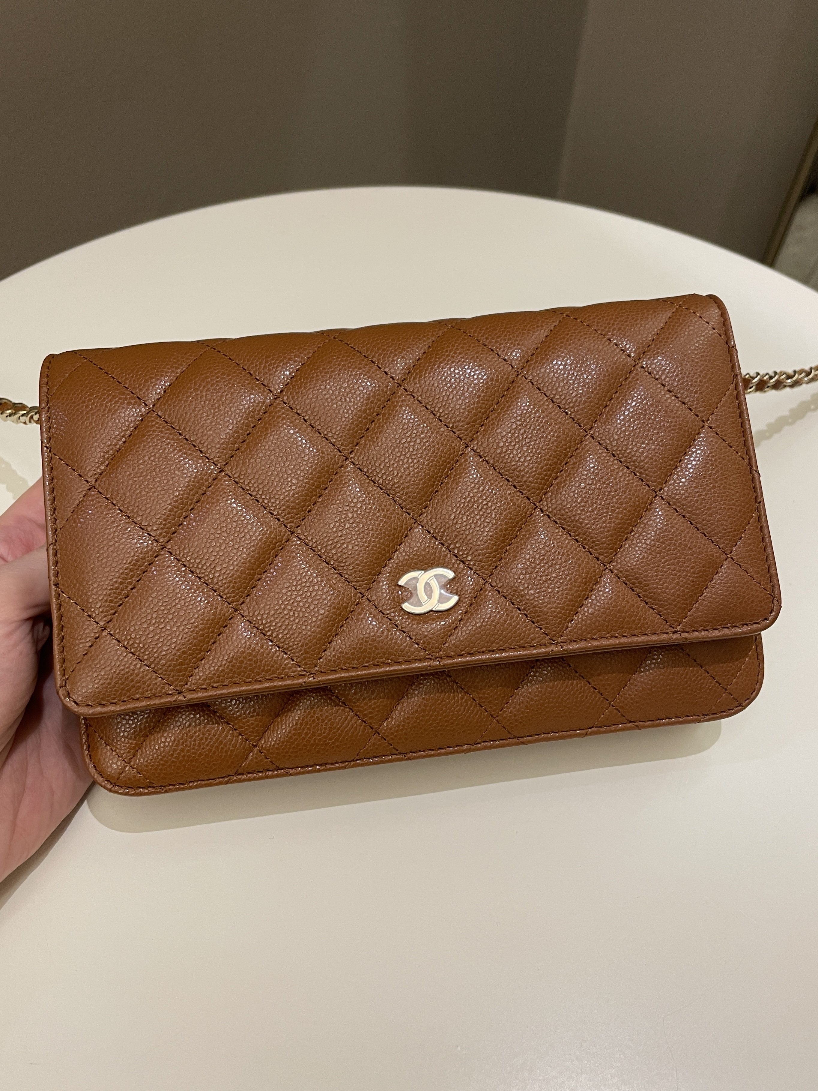 Chanel 23A Cc Quilted Wallet on Chain Tan Brown Caviar