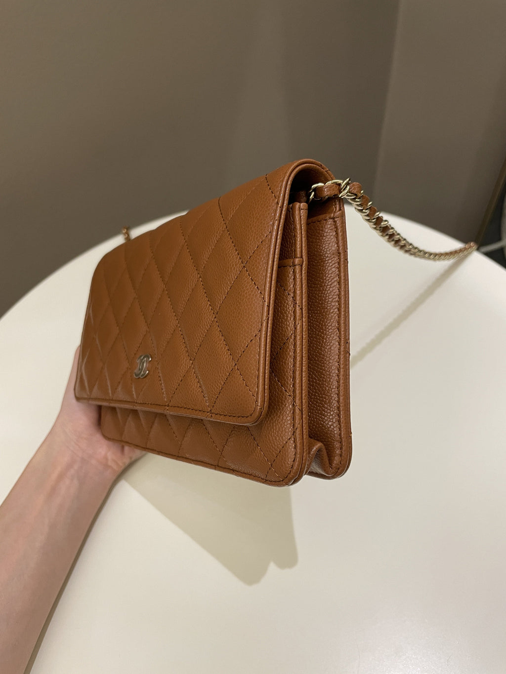 Chanel 23A Cc Quilted Wallet on Chain Tan Brown Caviar