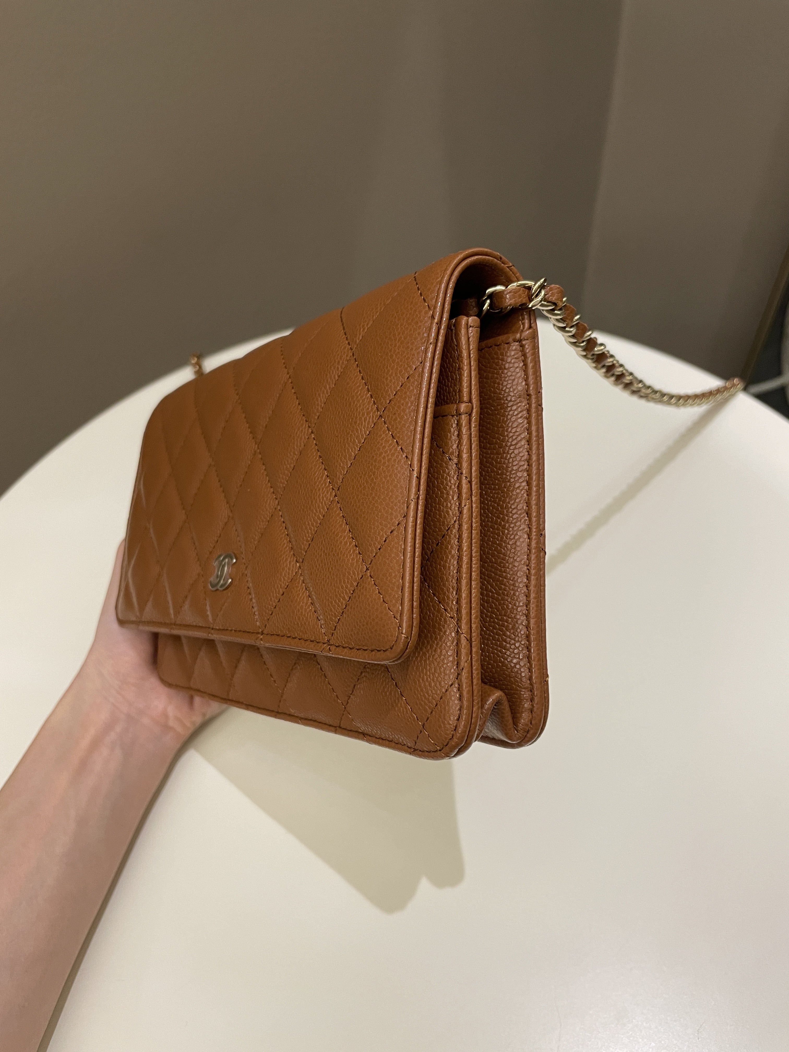 Chanel 23A Cc Quilted Wallet on Chain Tan Brown Caviar