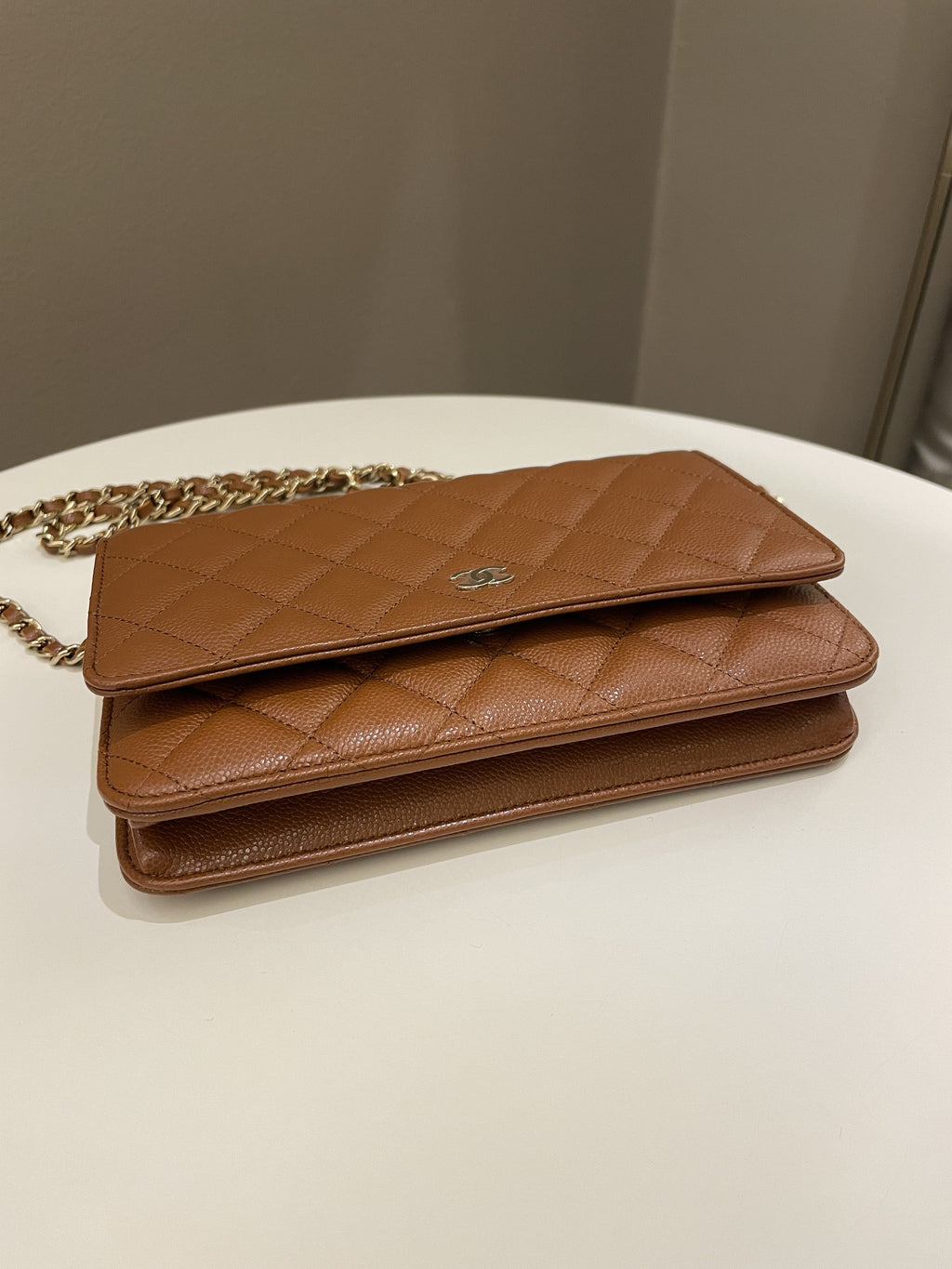 Chanel 23A Cc Quilted Wallet on Chain Tan Brown Caviar