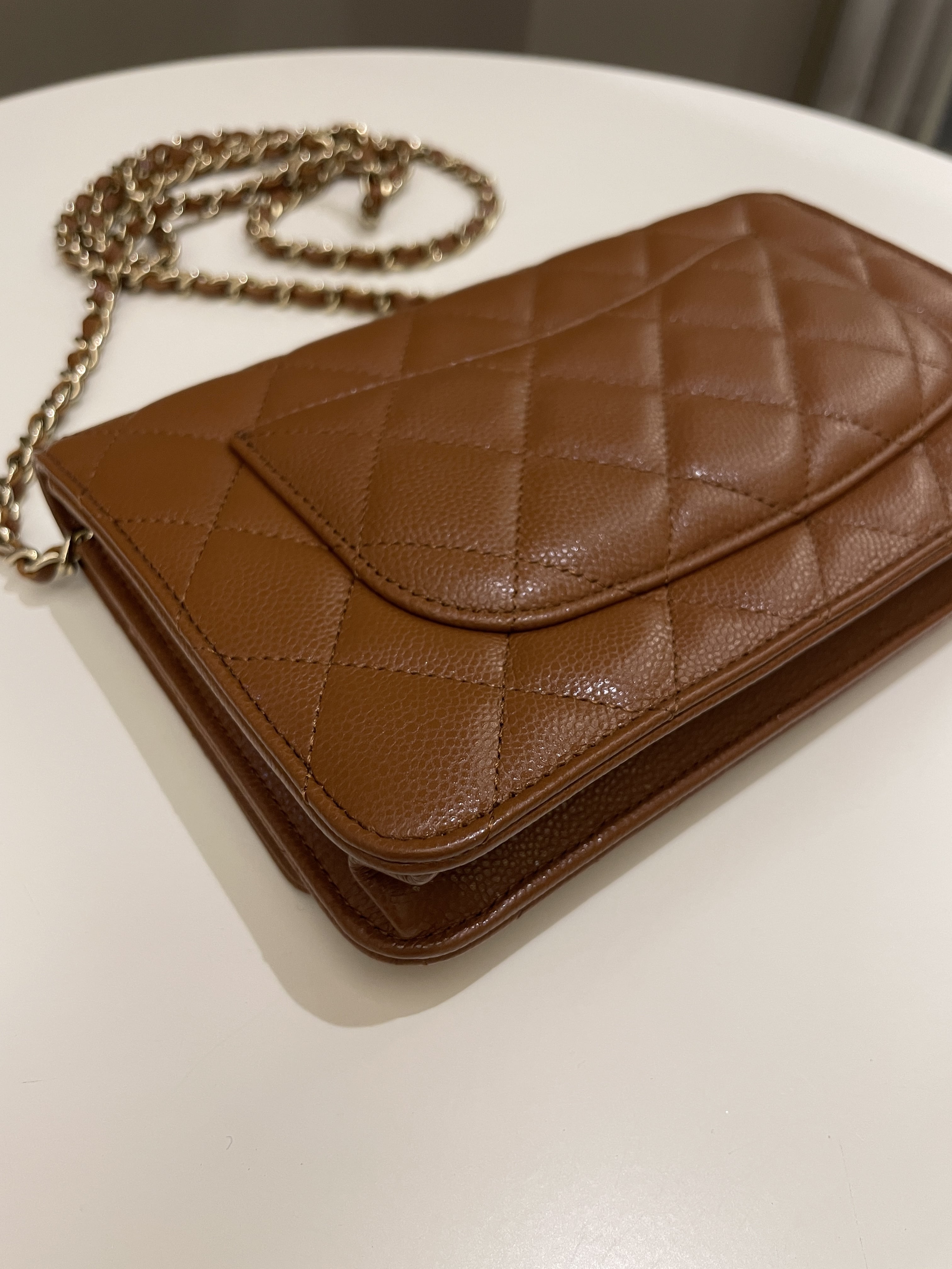 Chanel 23A Cc Quilted Wallet on Chain Tan Brown Caviar