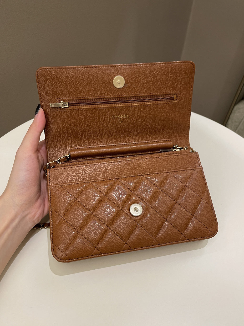 Chanel 23A Cc Quilted Wallet on Chain Tan Brown Caviar
