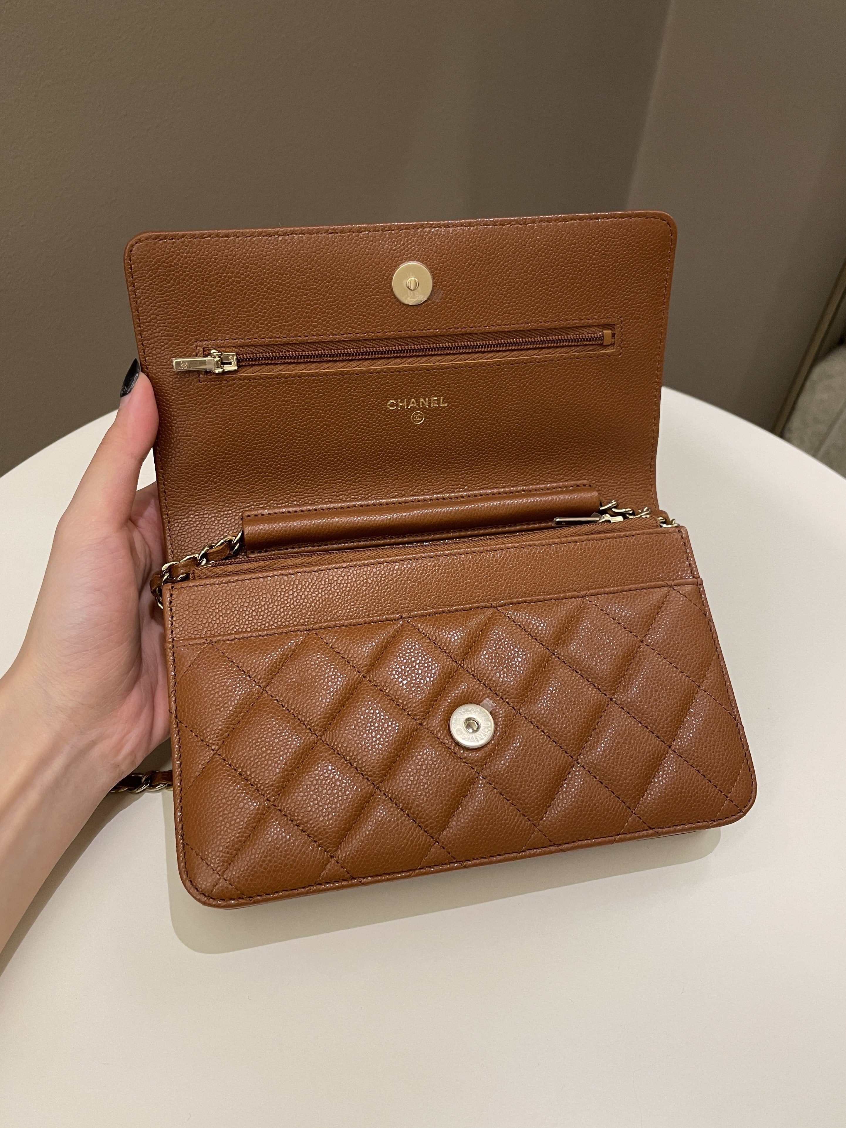 Chanel 23A Cc Quilted Wallet on Chain Tan Brown Caviar