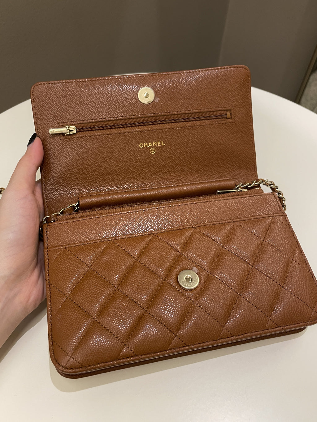 Chanel 23A Cc Quilted Wallet on Chain Tan Brown Caviar