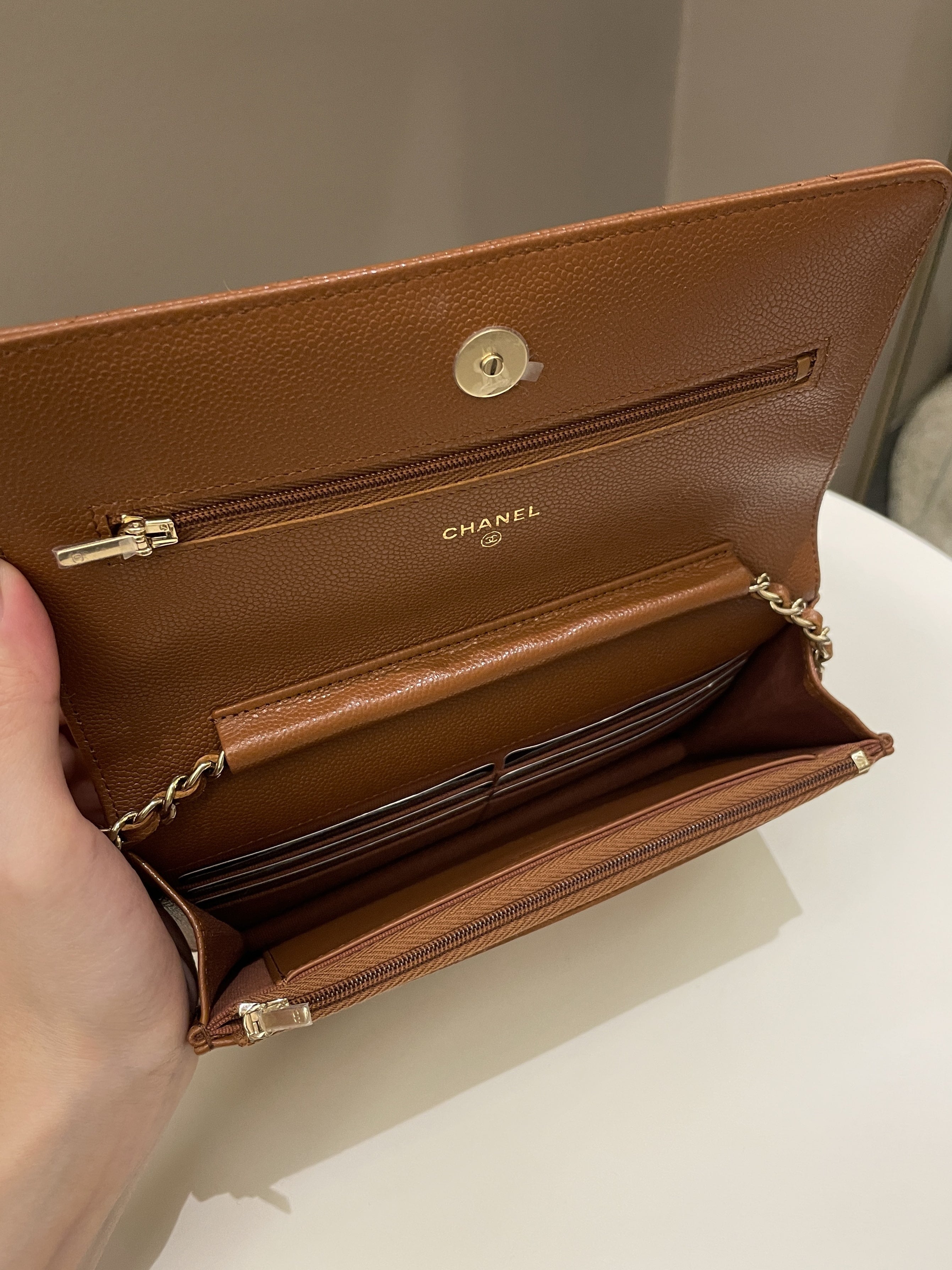 Chanel 23A Cc Quilted Wallet on Chain Tan Brown Caviar
