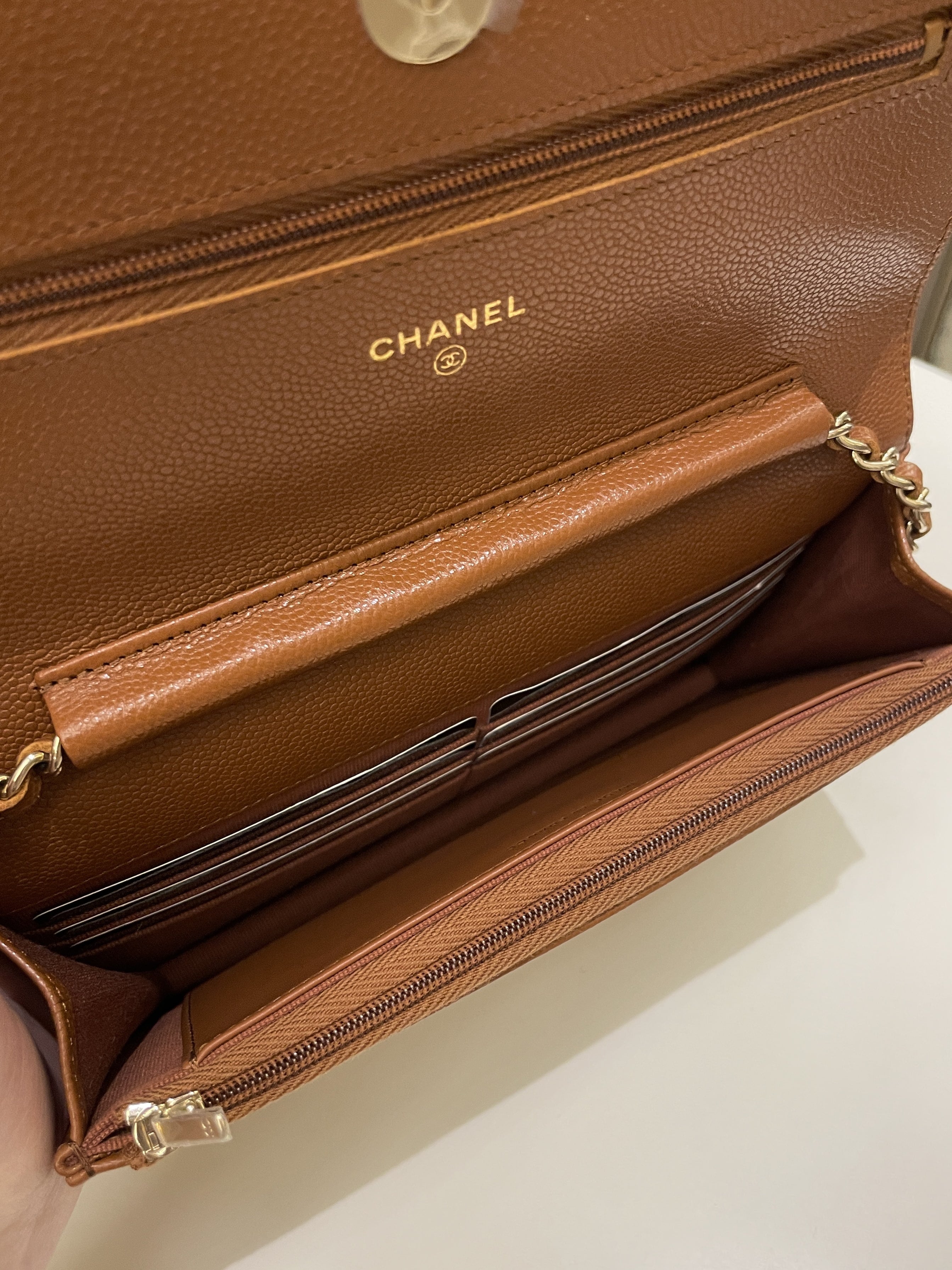 Chanel 23A Cc Quilted Wallet on Chain Tan Brown Caviar