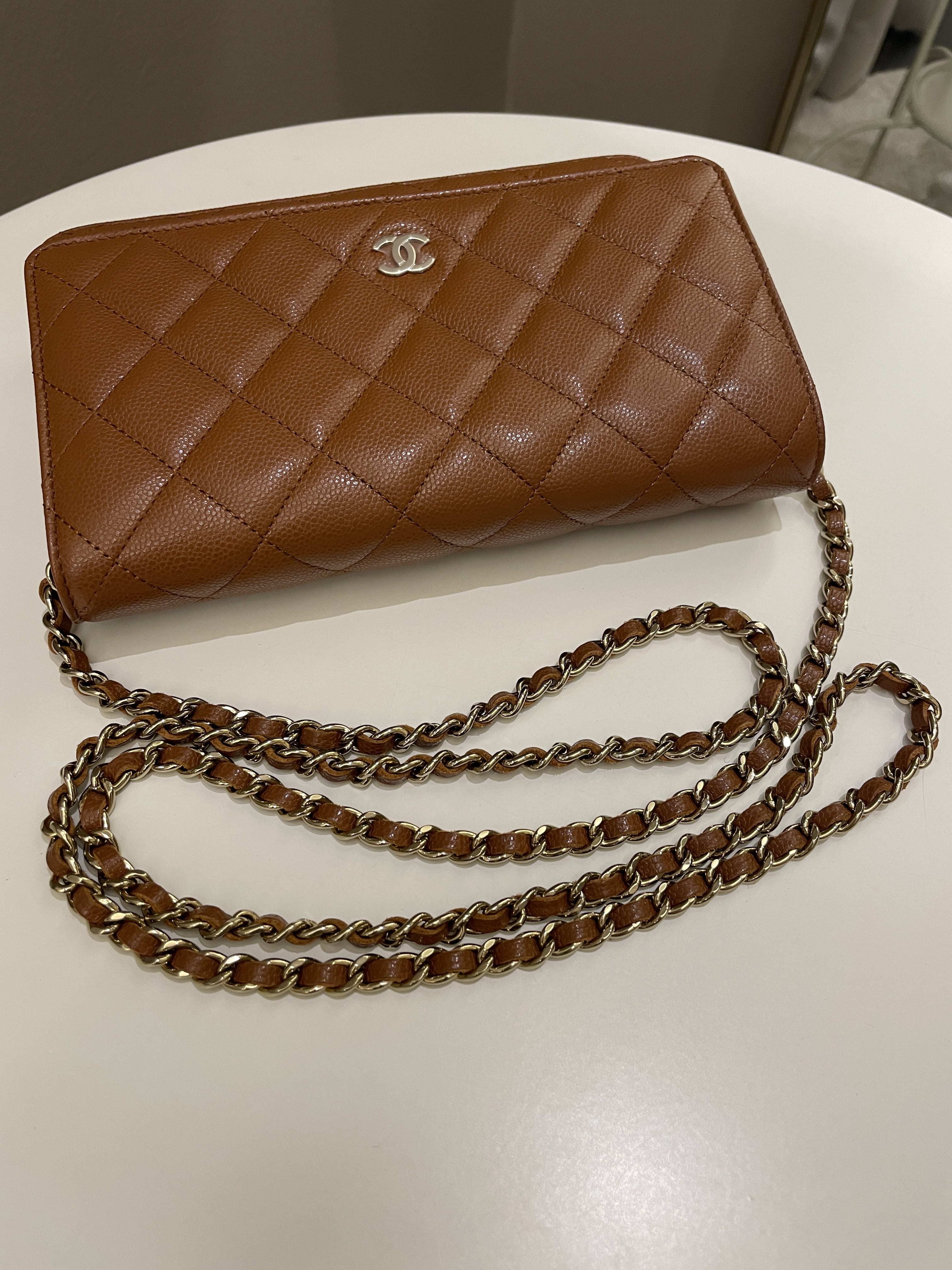 Chanel 23A Cc Quilted Wallet on Chain Tan Brown Caviar