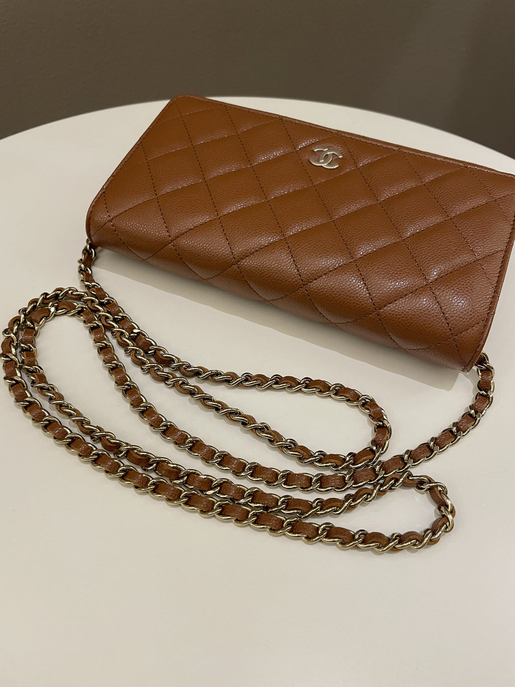 Chanel 23A Cc Quilted Wallet on Chain Tan Brown Caviar