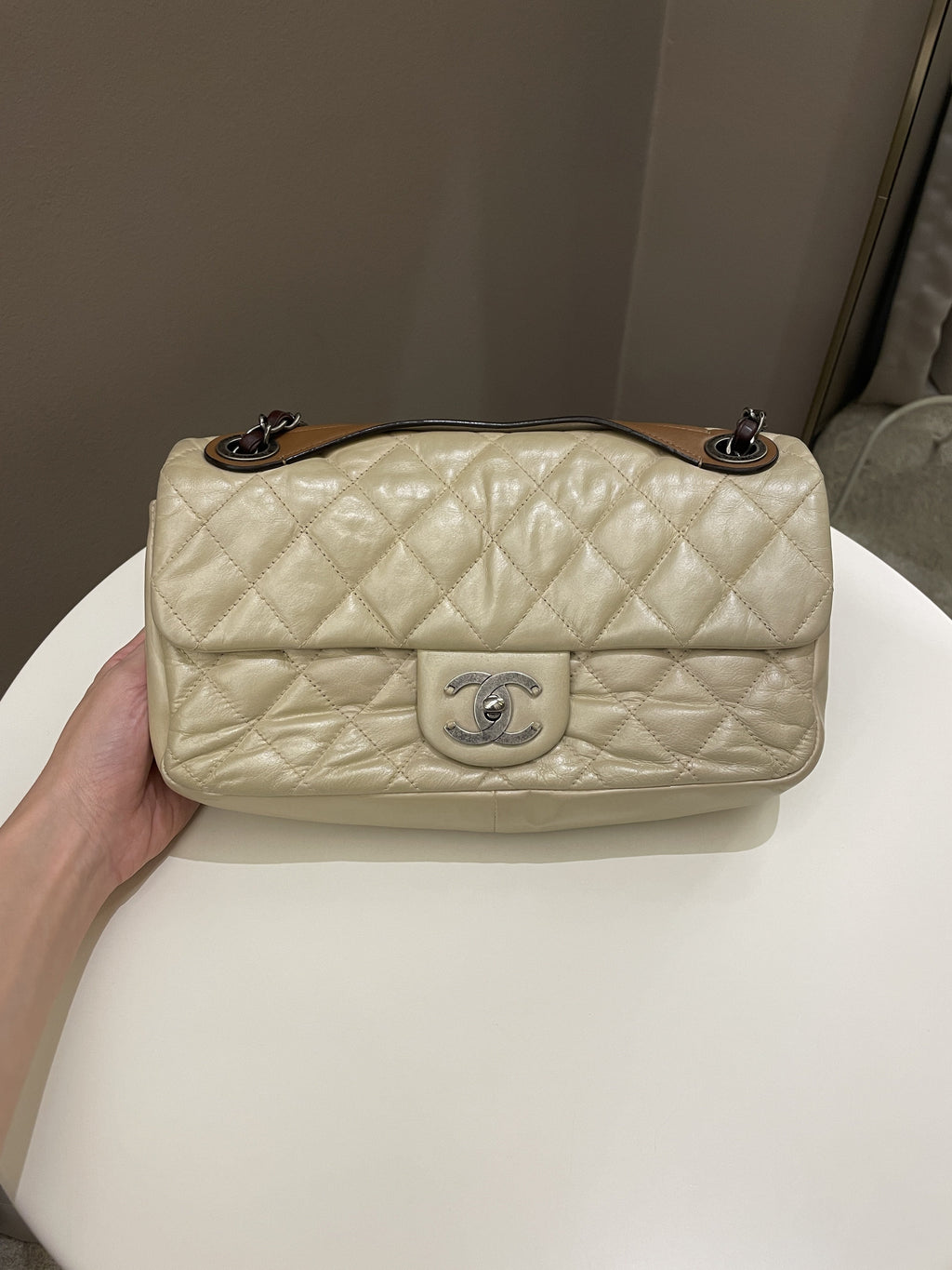 Chanel Quilted Handle Flap Bag Beige Calfskin