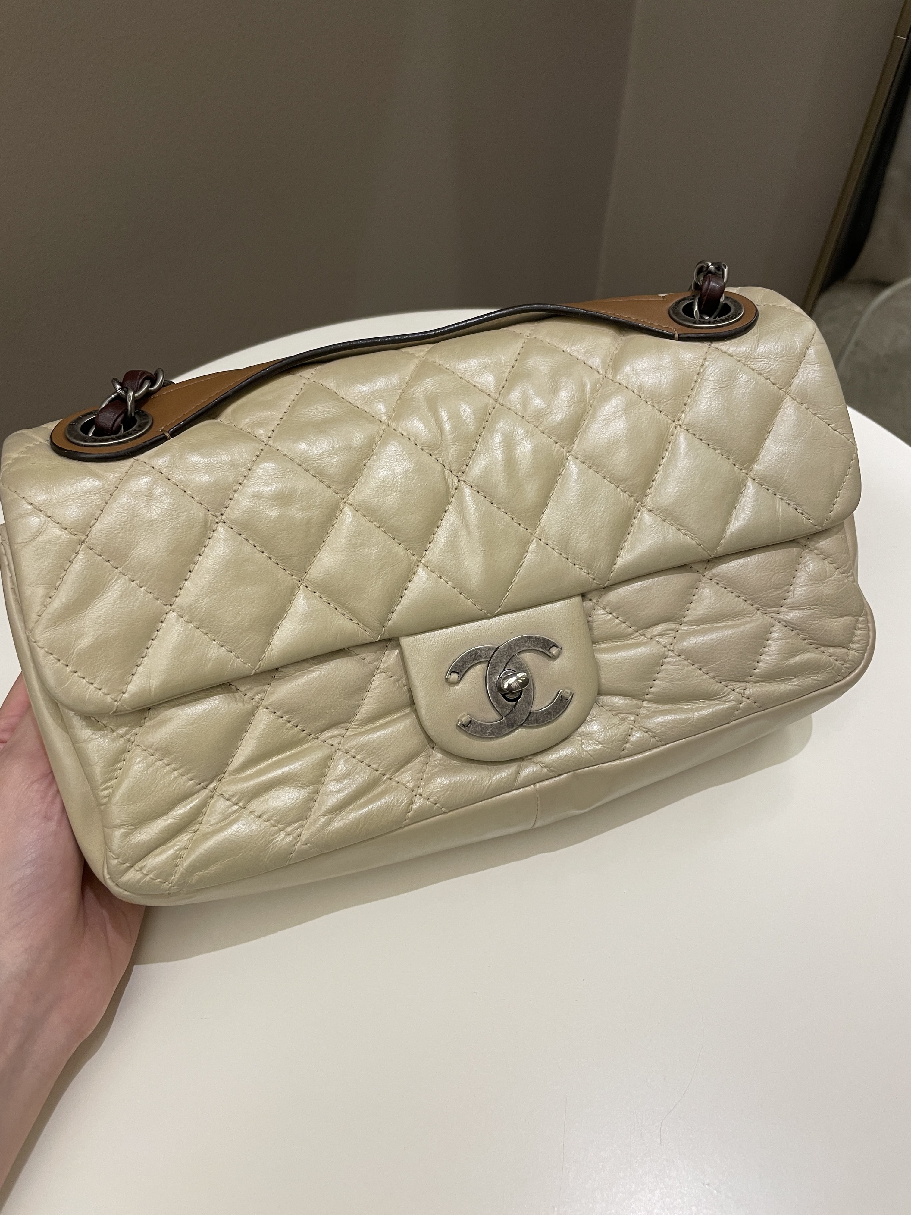 Chanel Quilted Handle Flap Bag Beige Calfskin