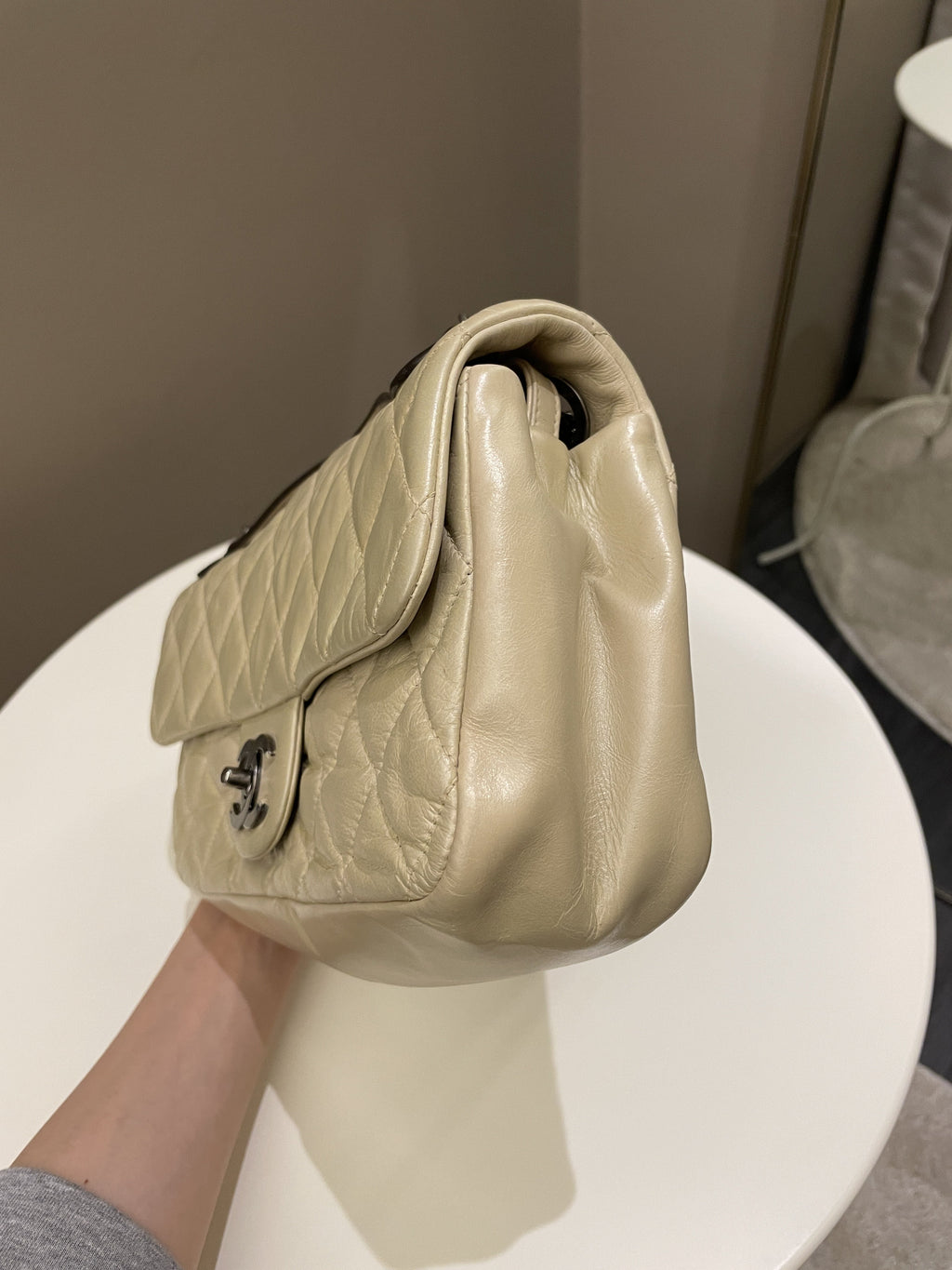 Chanel Quilted Handle Flap Bag Beige Calfskin
