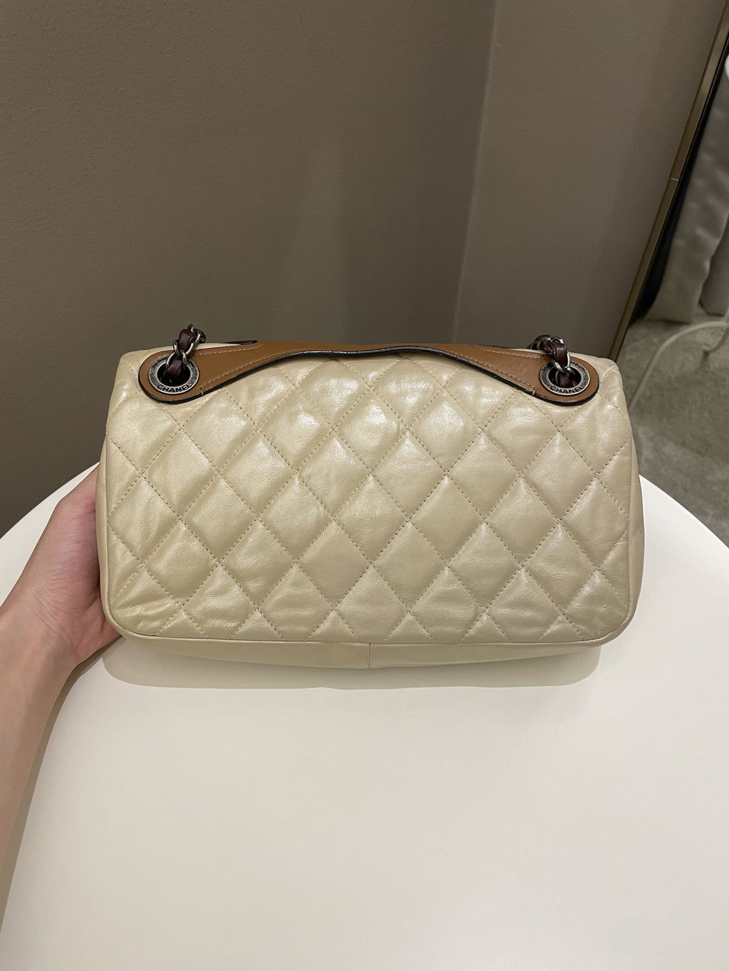 Chanel Quilted Handle Flap Bag Beige Calfskin