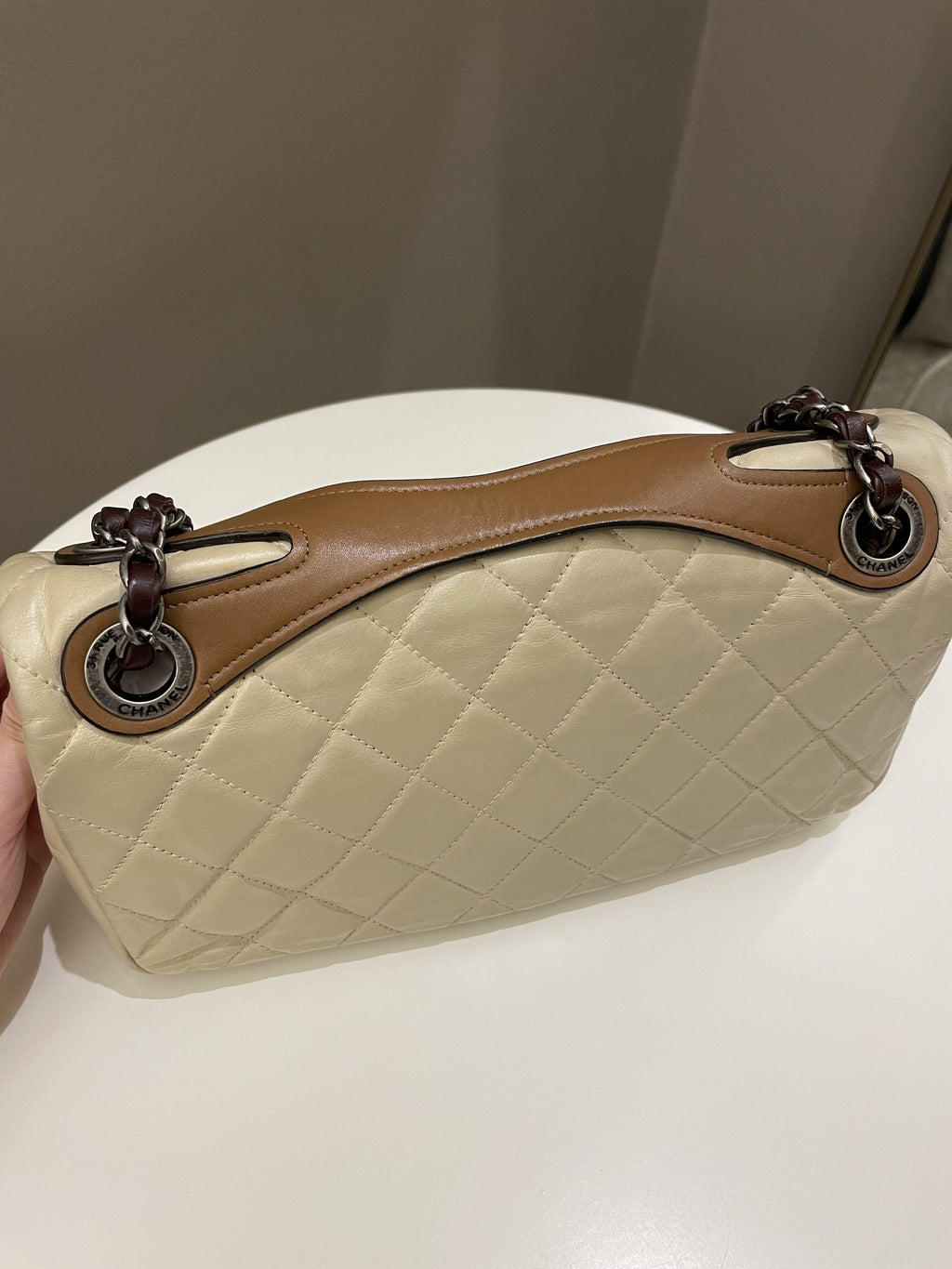 Chanel Quilted Handle Flap Bag Beige Calfskin