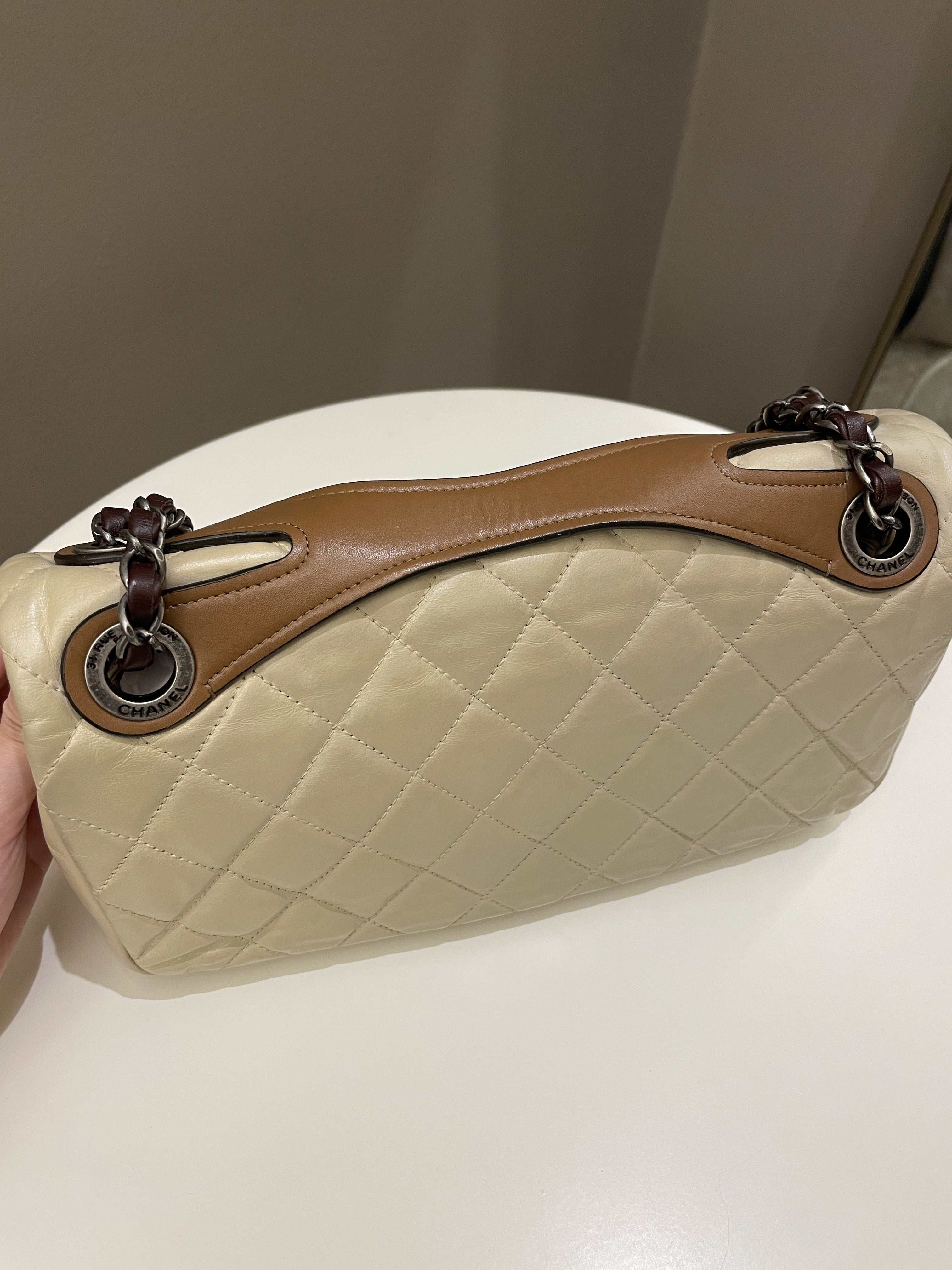 Chanel Quilted Handle Flap Bag Beige Calfskin