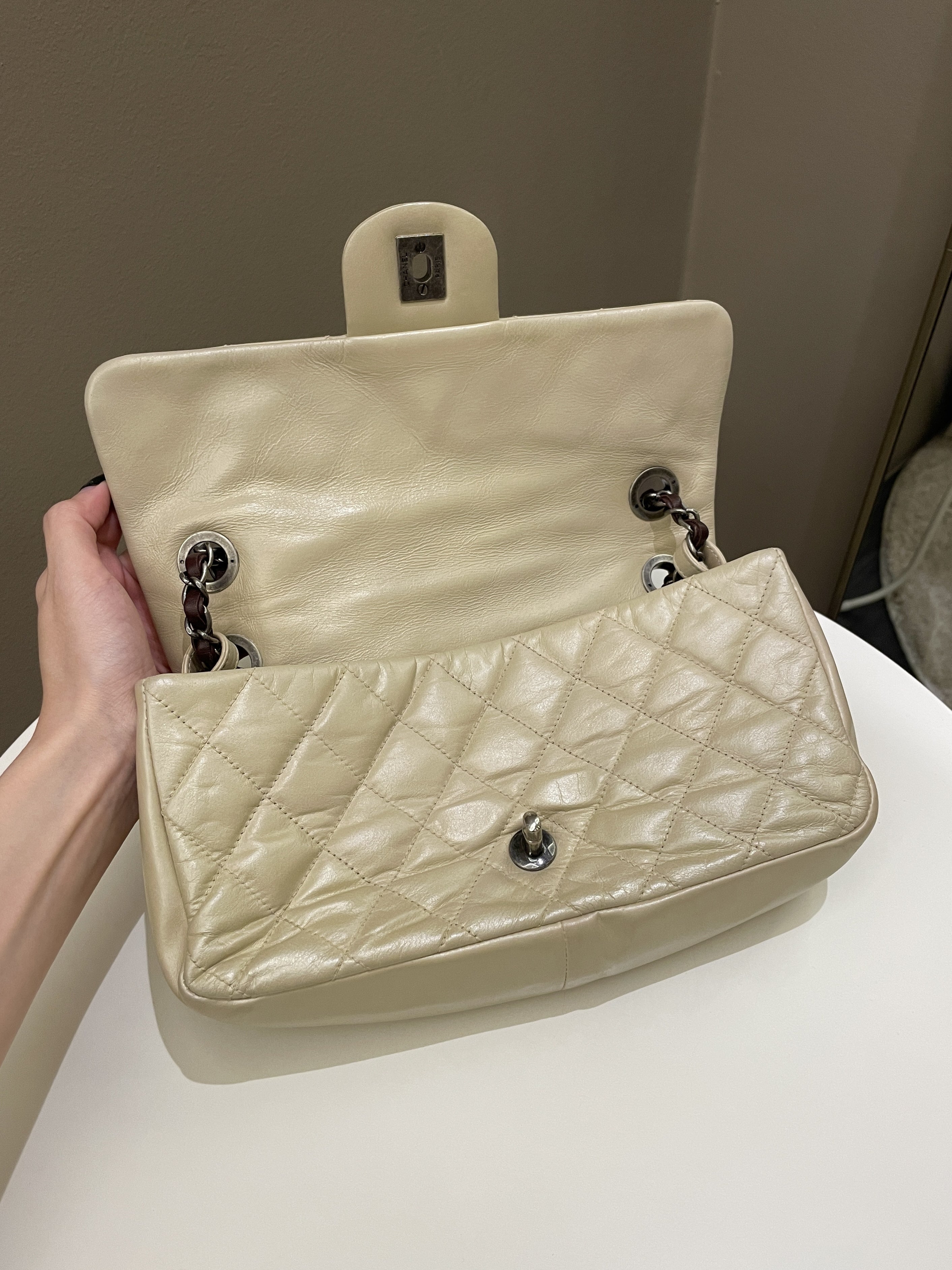 Chanel Quilted Handle Flap Bag Beige Calfskin